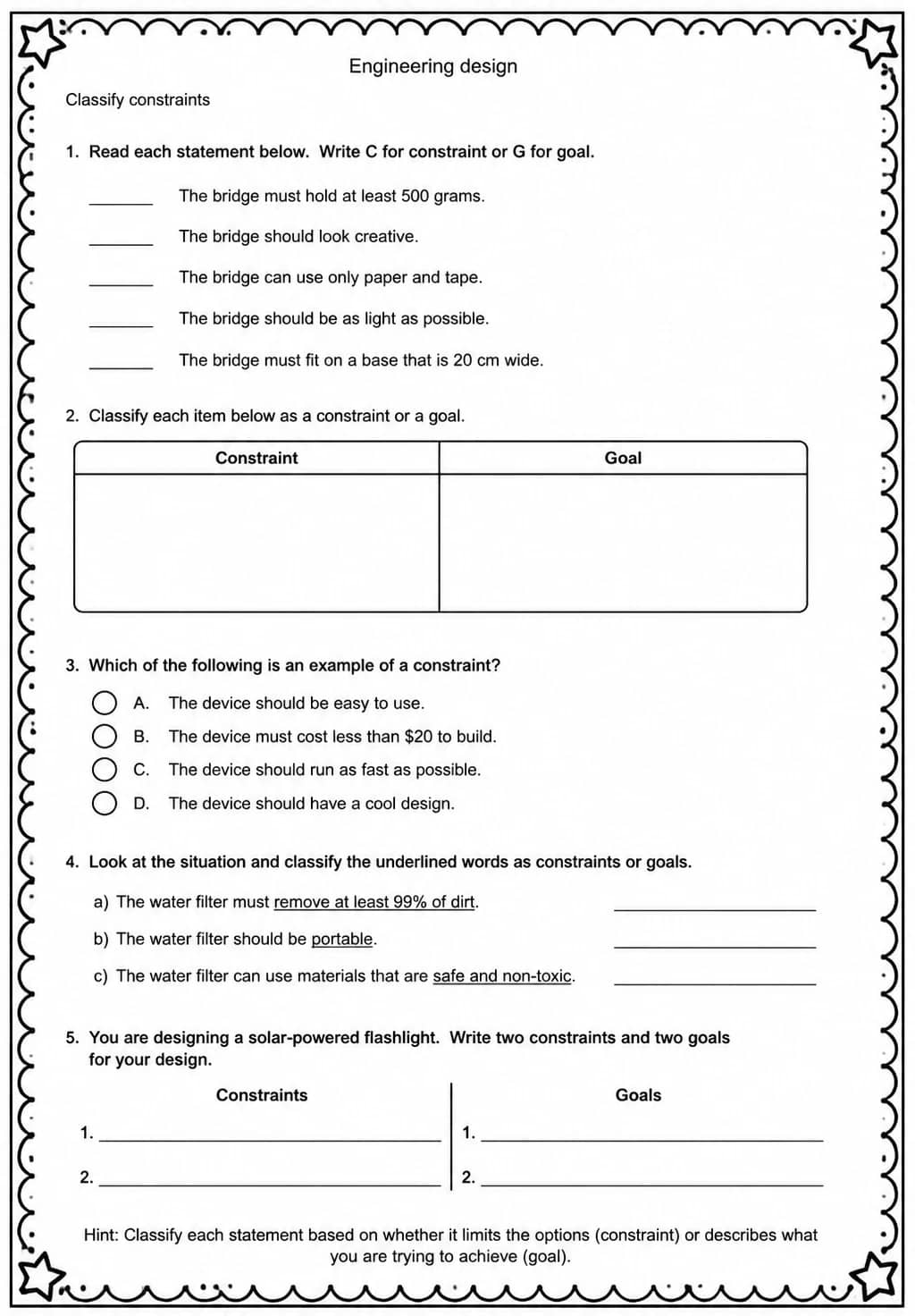 Classify constraints — free printable Middle School Science worksheet