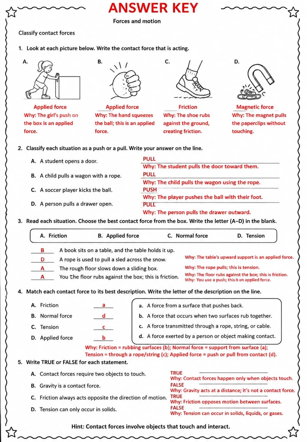 Answer key for Classify contact forces — free printable Science worksheet