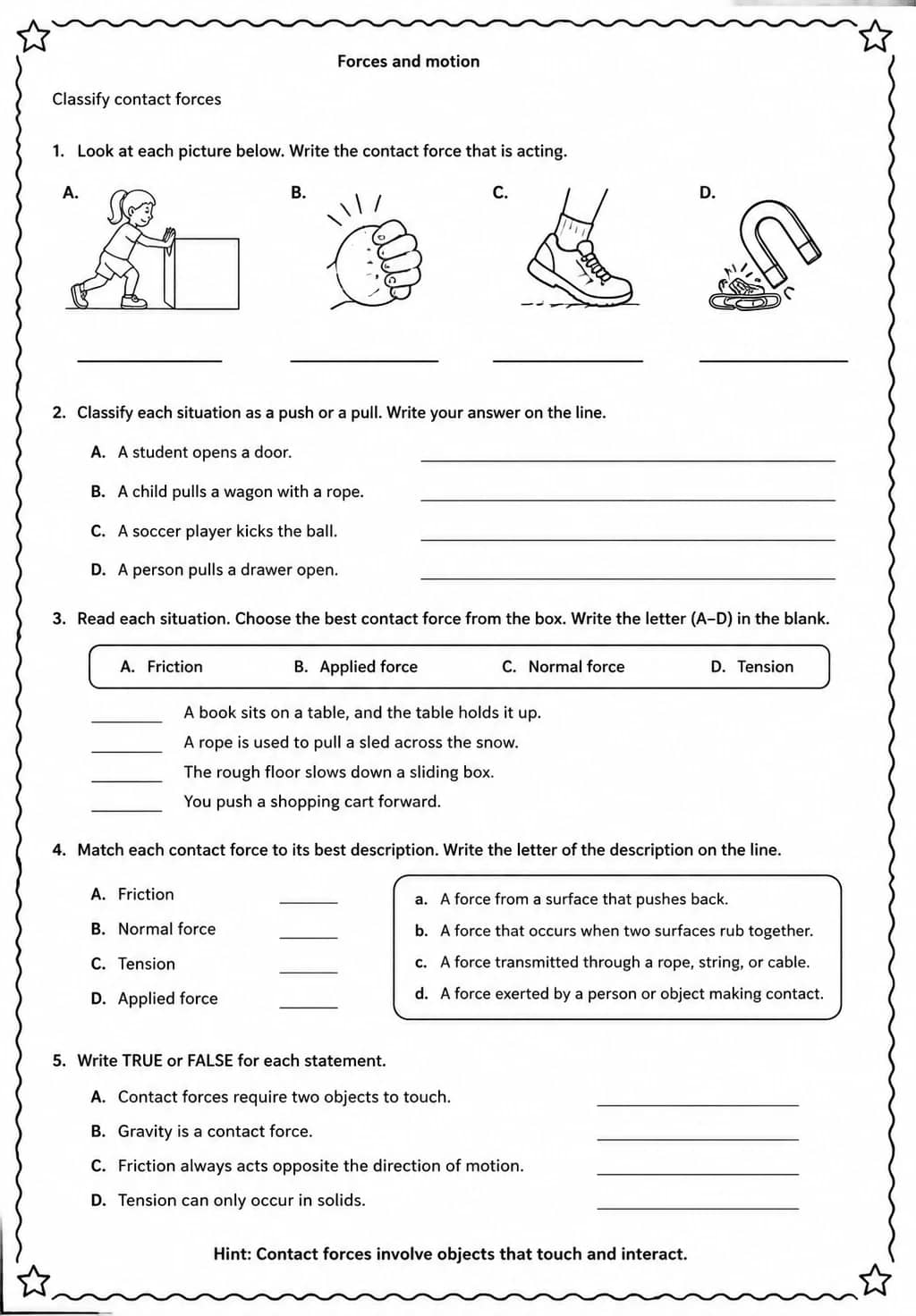 Classify contact forces — free printable Grade 5 Science worksheet