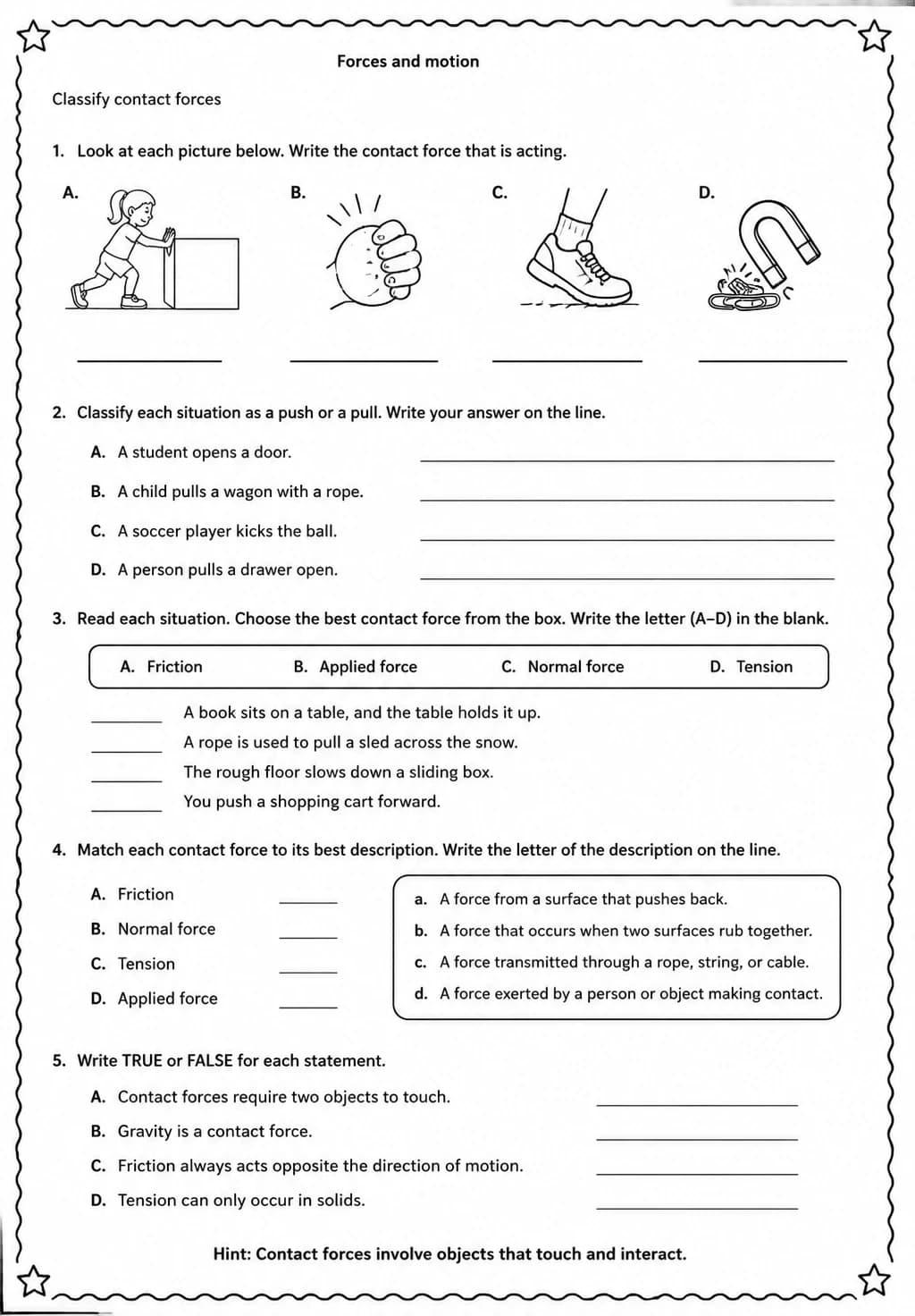 Classify contact forces — free printable Grade 5 Science worksheet