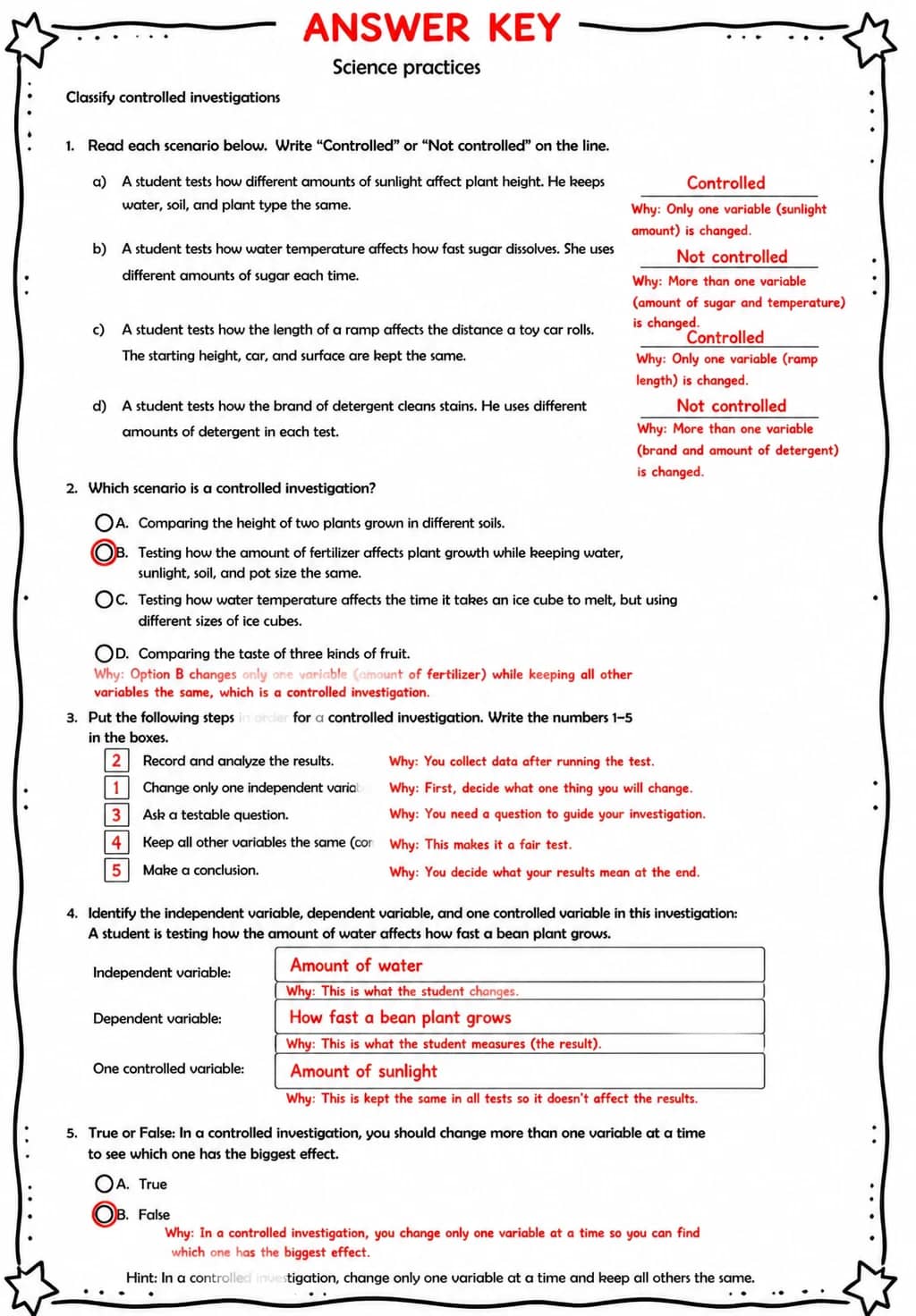 Answer key for Classify controlled investigations — free printable Science worksheet