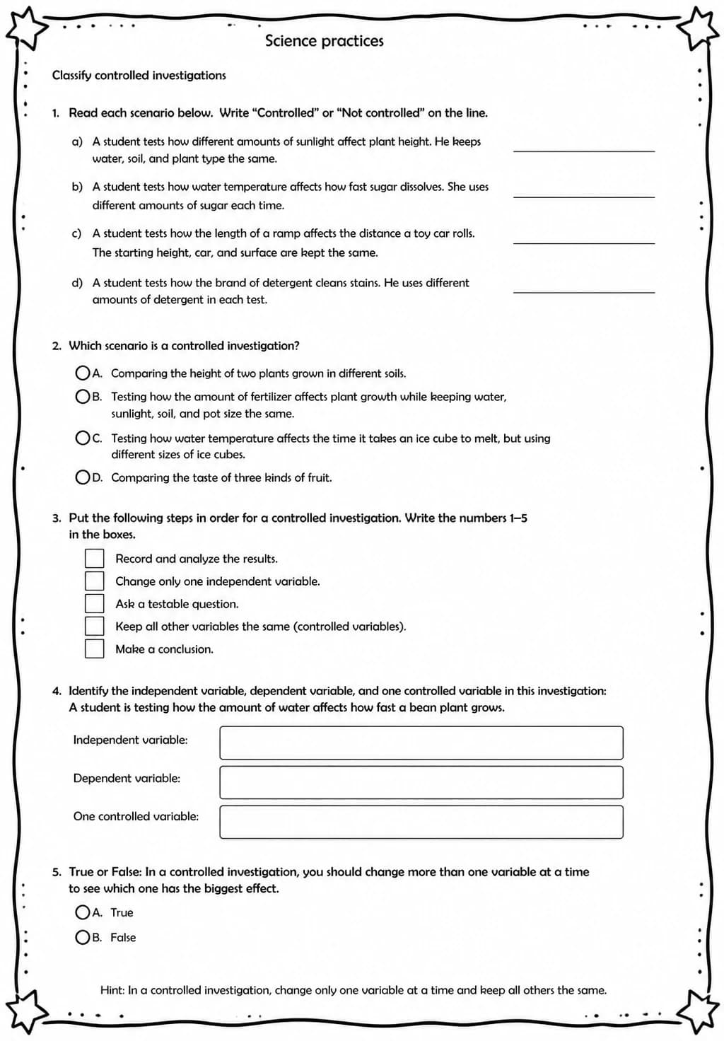 Classify controlled investigations — free printable Grade 5 Science worksheet
