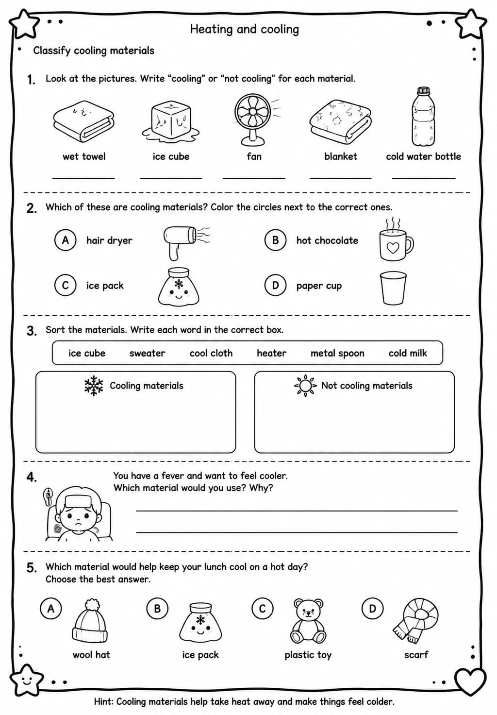 Classify cooling materials — free printable Grade 2 Science worksheet