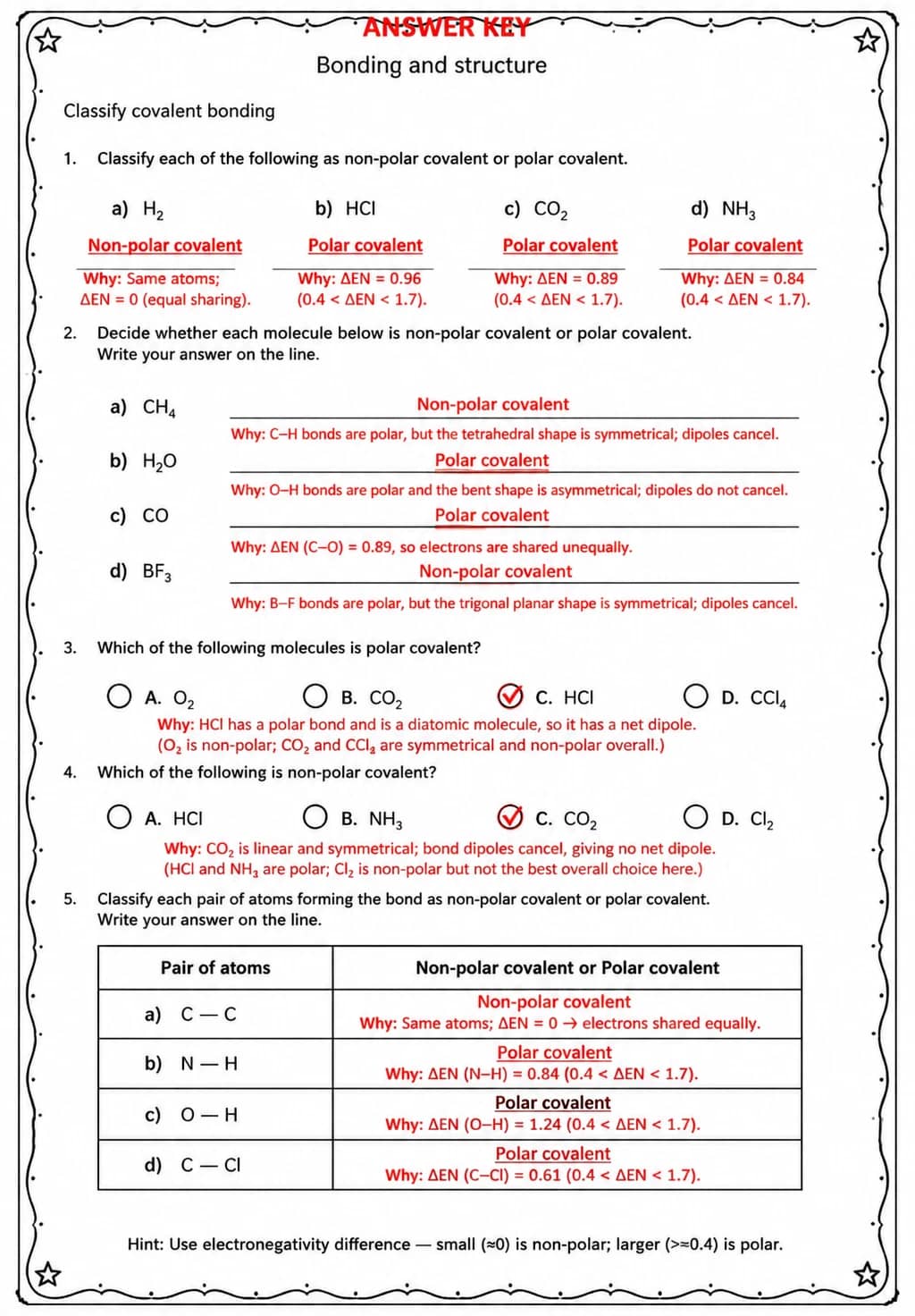 Answer key for Classify covalent bonding — free printable Science worksheet