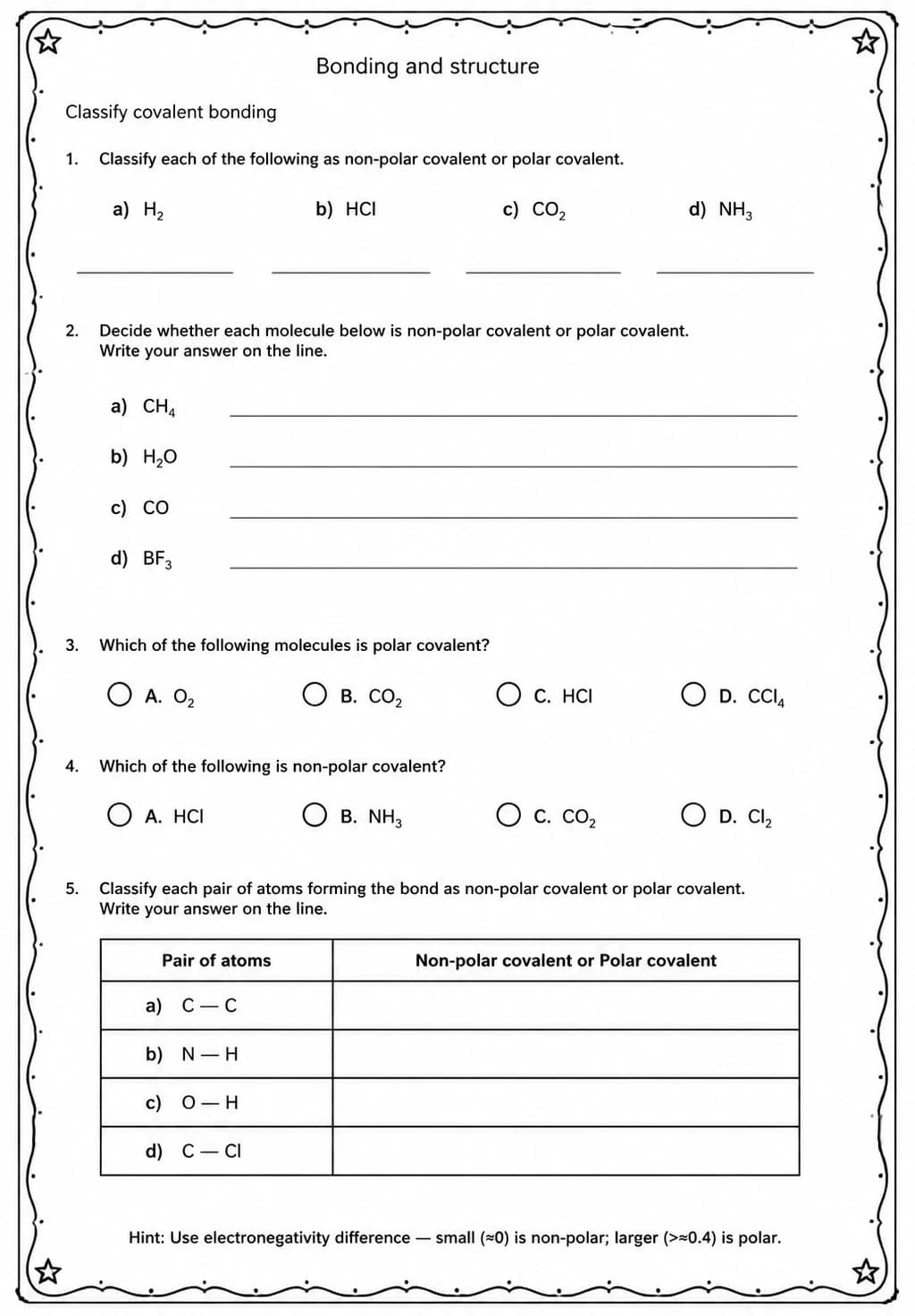 Classify covalent bonding — free printable High School Science worksheet