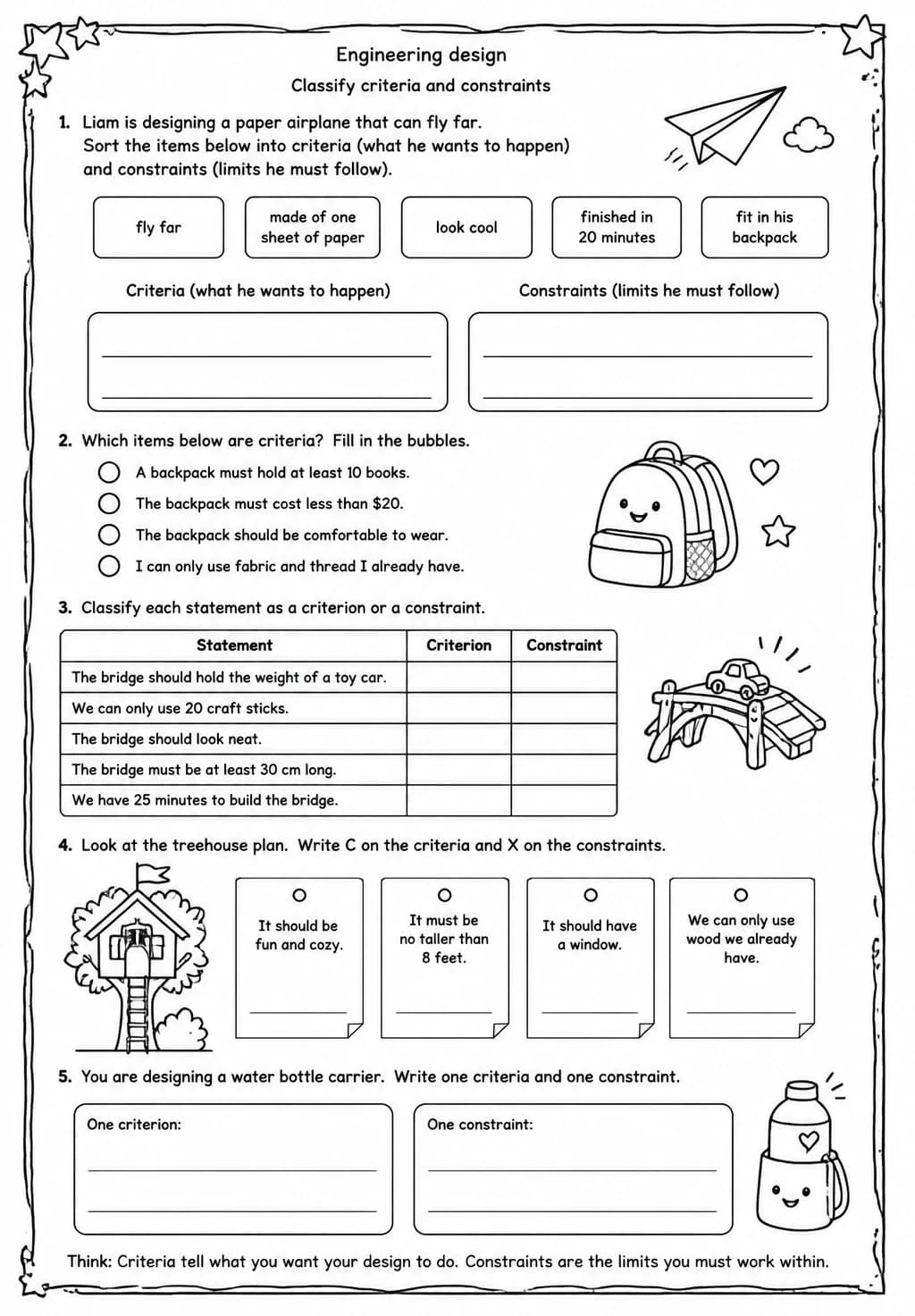 Classify criteria and constraints — free printable Grade 3 Science worksheet