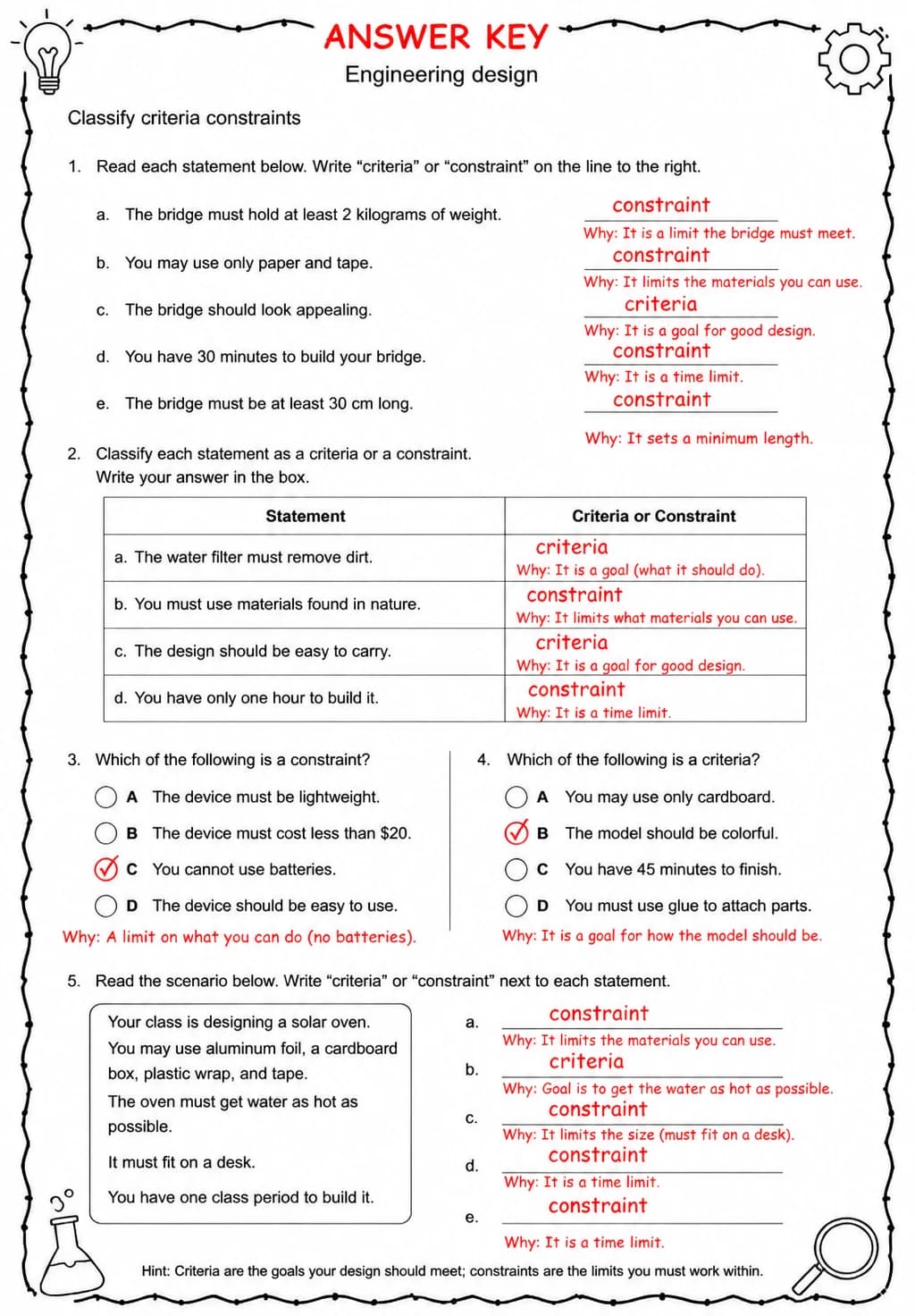 Answer key for Classify criteria constraints — free printable Science worksheet