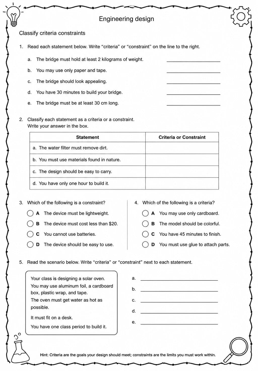 Classify criteria constraints — free printable Middle School Science worksheet