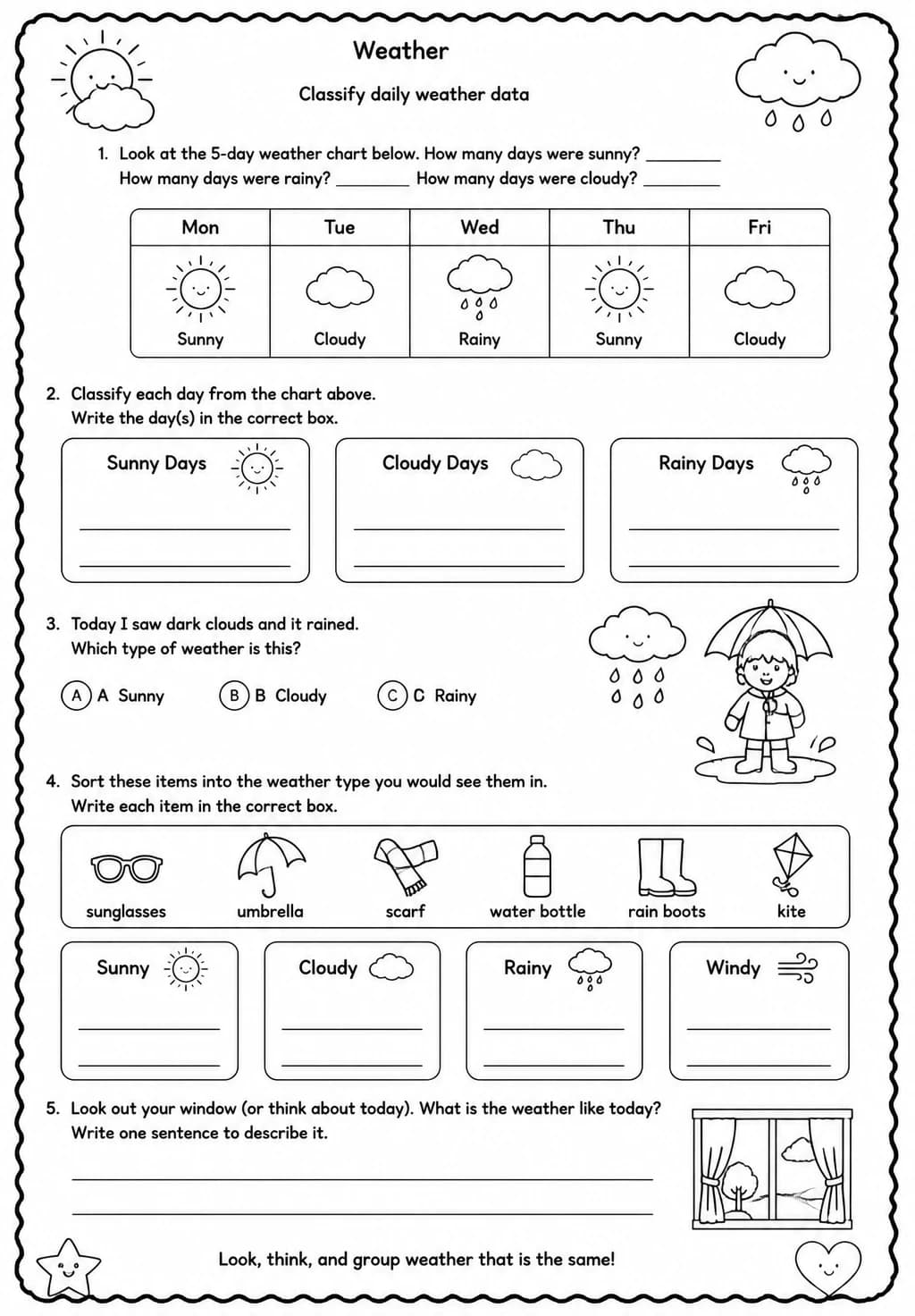 Classify daily weather data — free printable Grade 2 Science worksheet