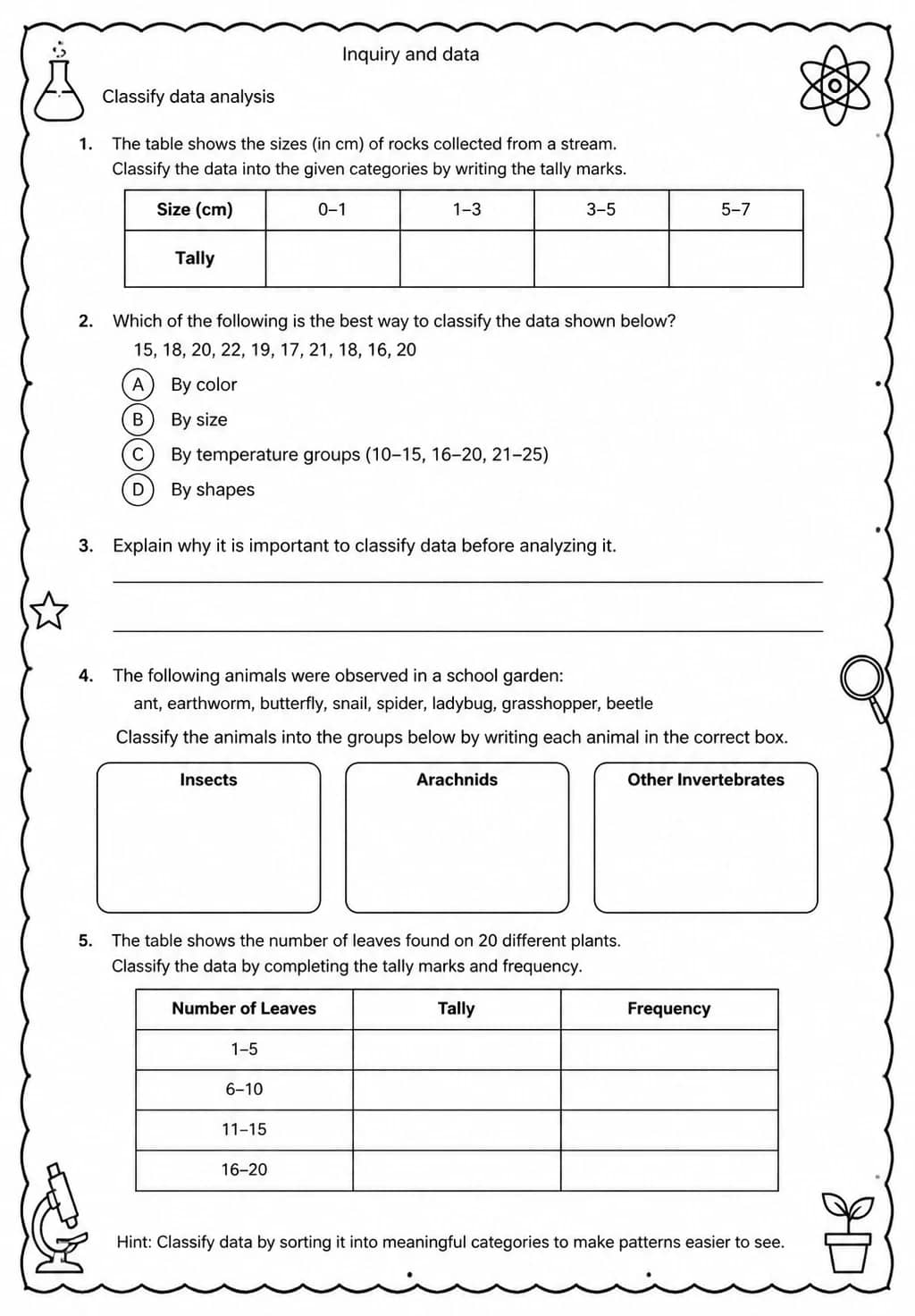 Classify data analysis — free printable Middle School Science worksheet