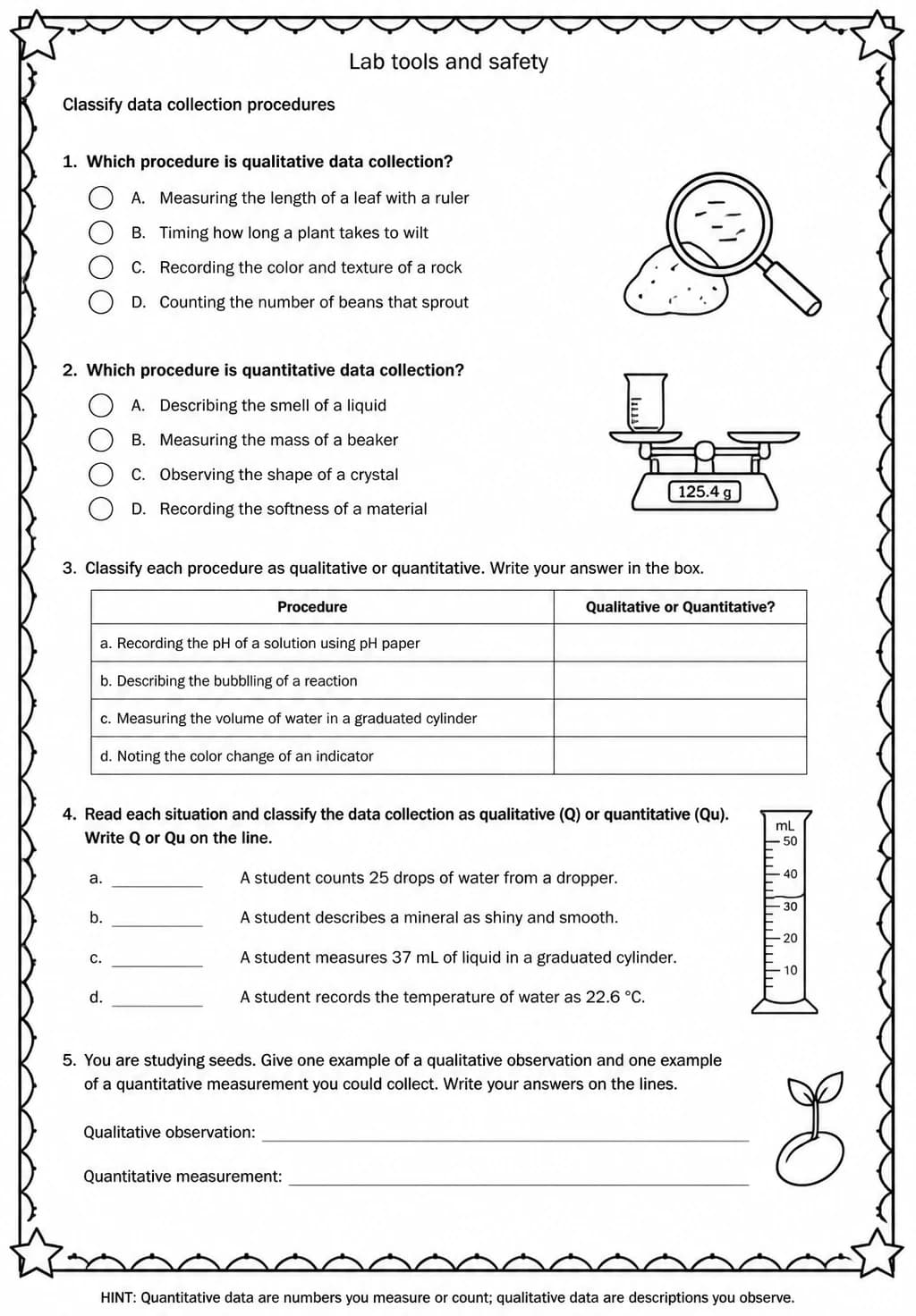 Classify data collection procedures — free printable Middle School Science worksheet