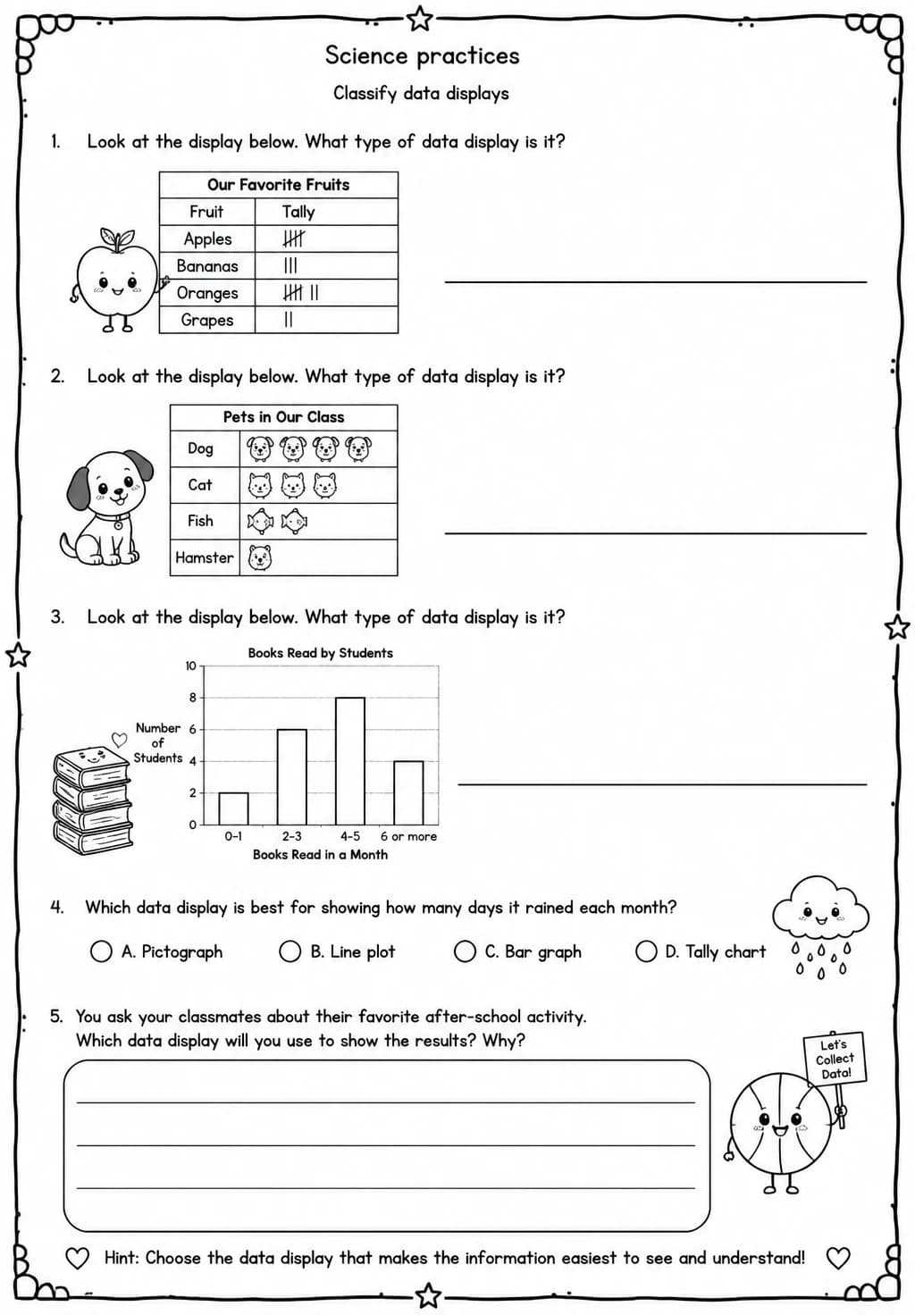 Classify data displays — free printable Grade 4 Science worksheet