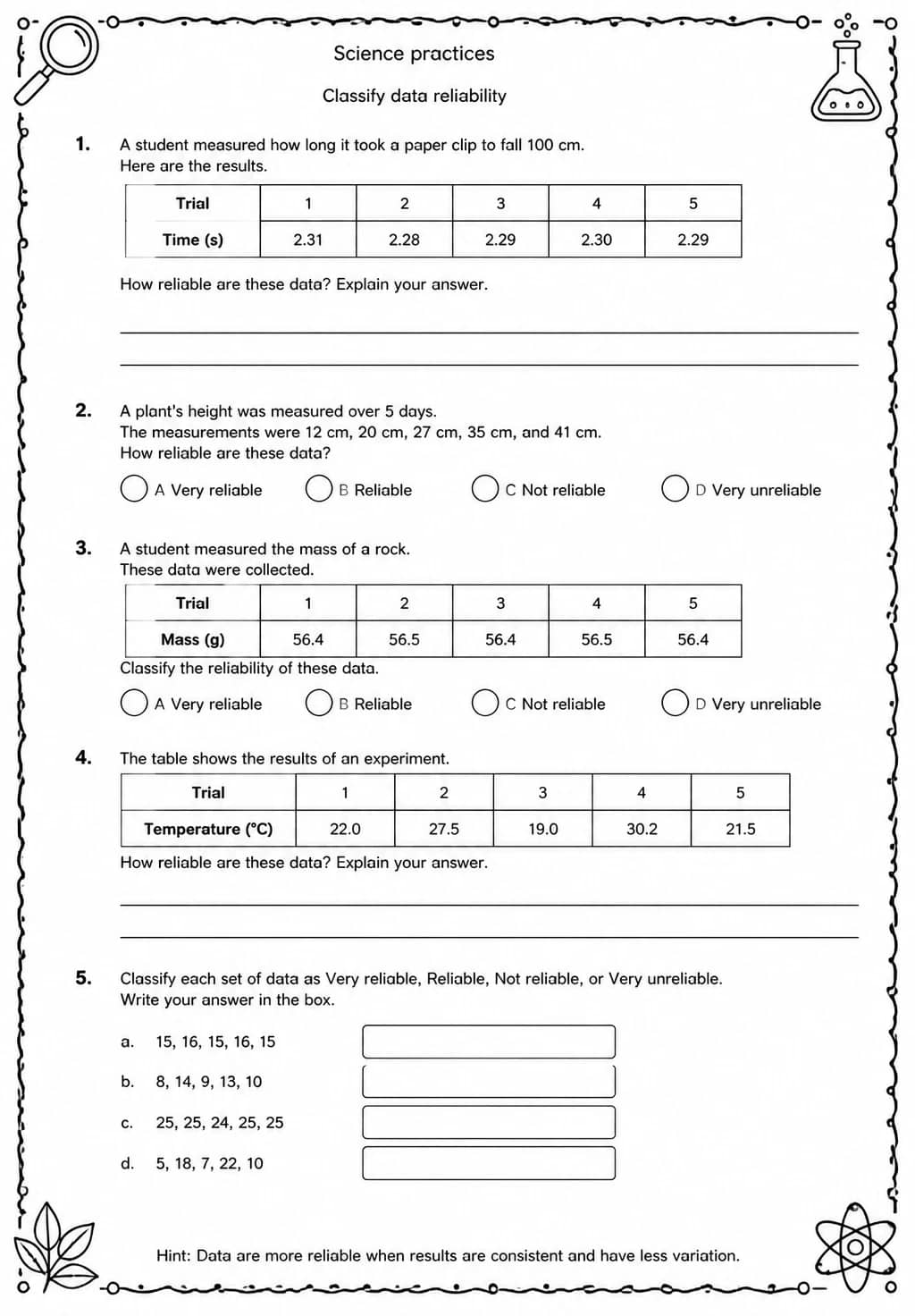 Classify data reliability — free printable Grade 5 Science worksheet