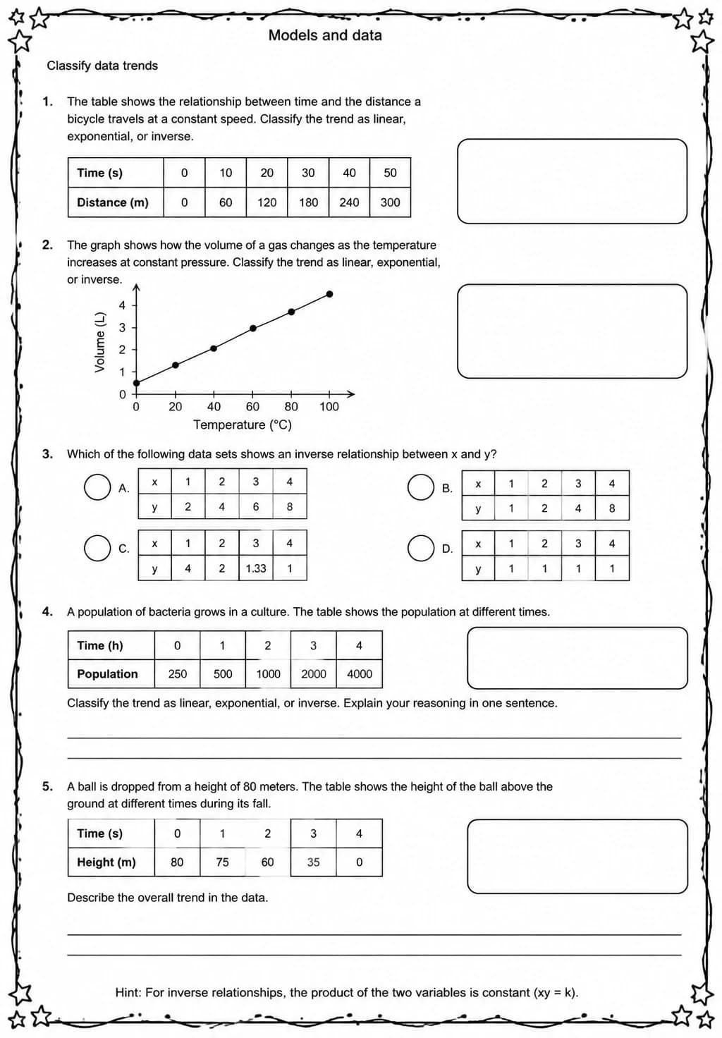 Classify data trends — free printable Middle School Science worksheet