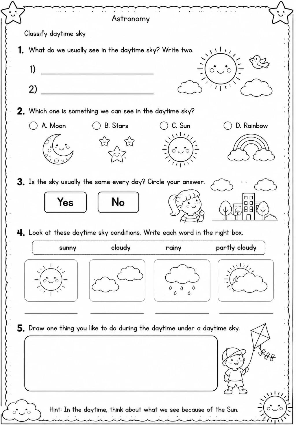 Classify daytime sky — free printable Grade 1 Science worksheet