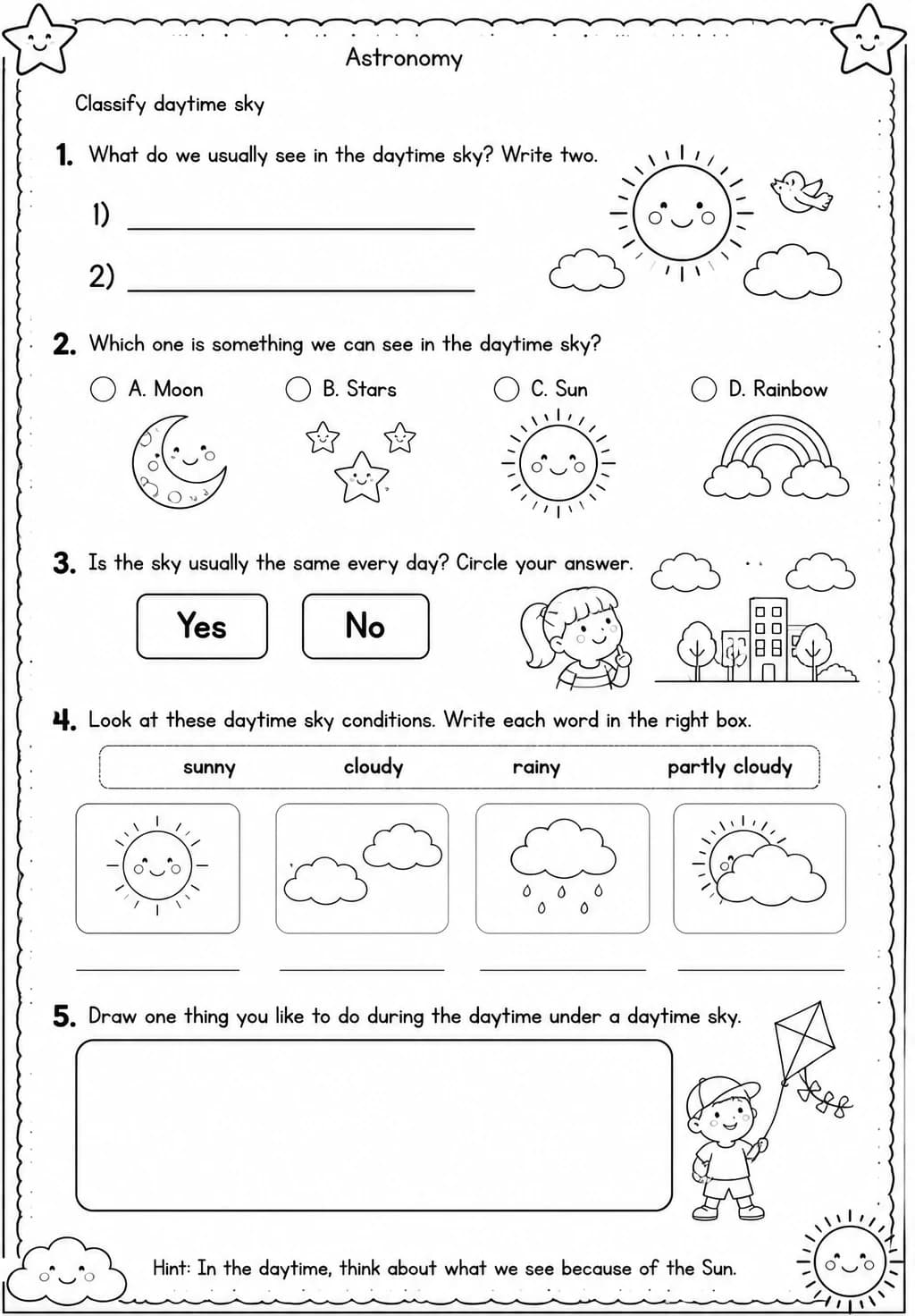 Classify daytime sky — free printable Grade 1 Science worksheet