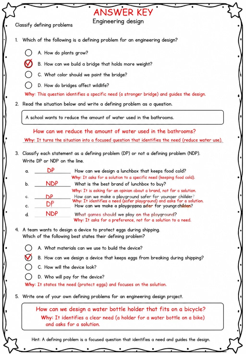 Answer key for Classify defining problems — free printable Science worksheet