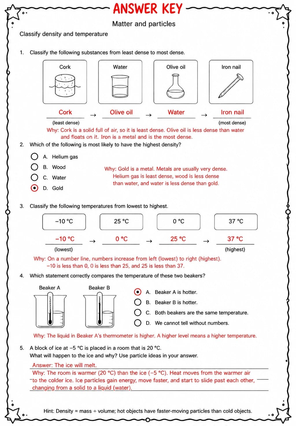 Answer key for Classify density and temperature — free printable Science worksheet