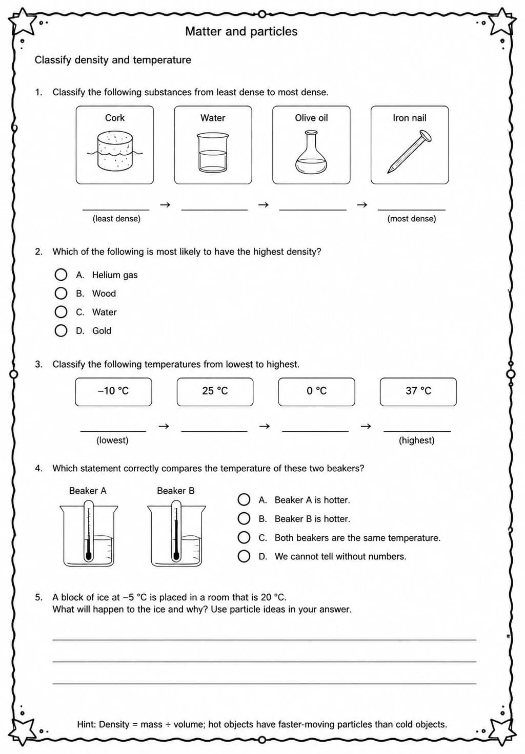 Classify density and temperature — free printable Middle School Science worksheet