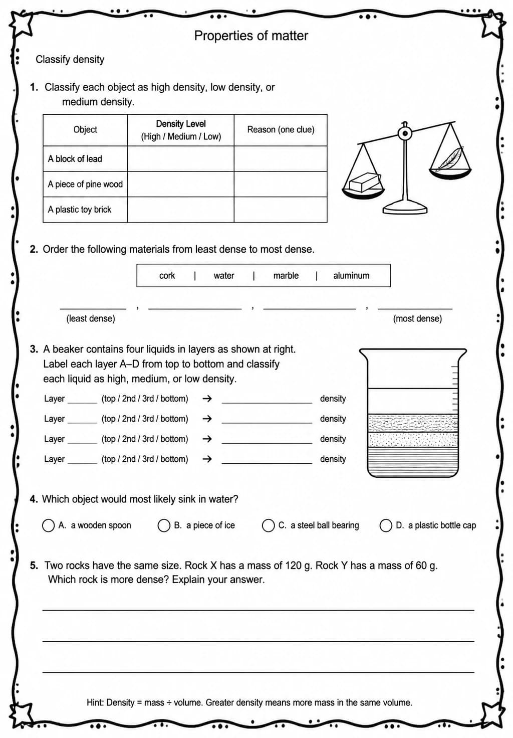Classify density — free printable Grade 5 Science worksheet