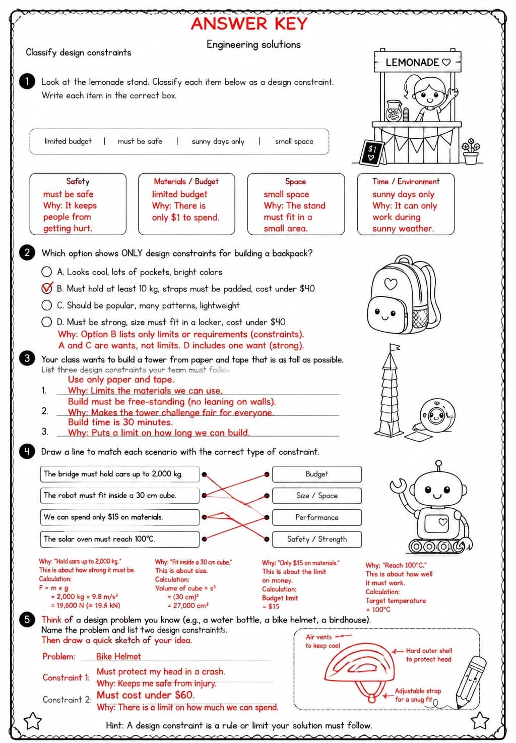 Answer key for Classify design constraints — free printable Science worksheet
