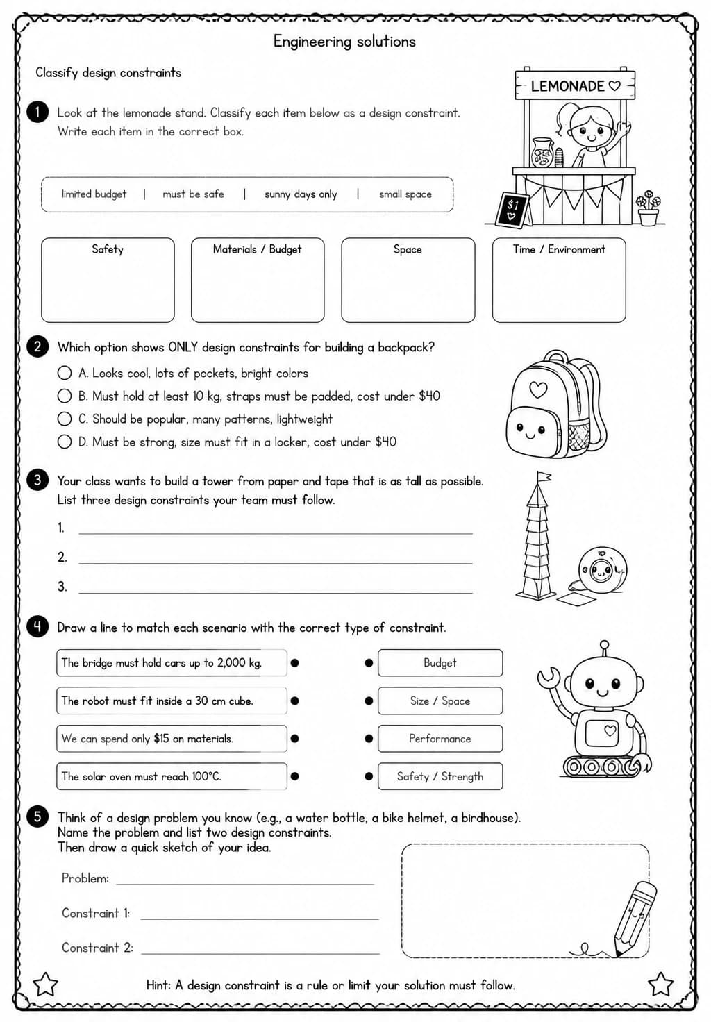 Classify design constraints — free printable Grade 4 Science worksheet