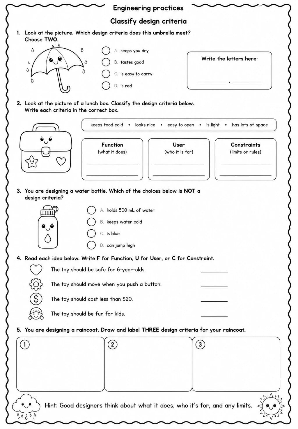 Classify design criteria — free printable Grade 2 Science worksheet