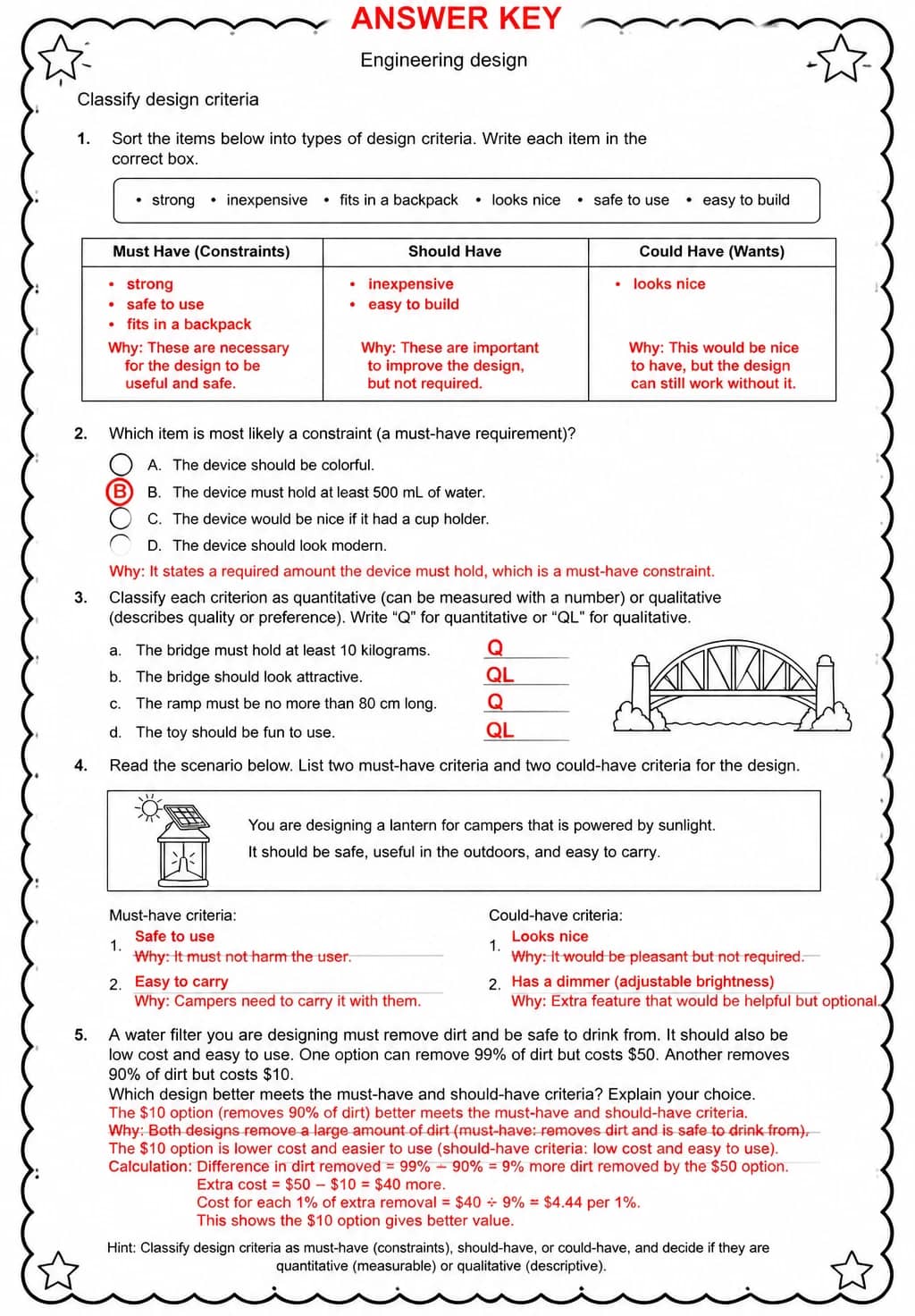 Answer key for Classify design criteria — free printable Science worksheet