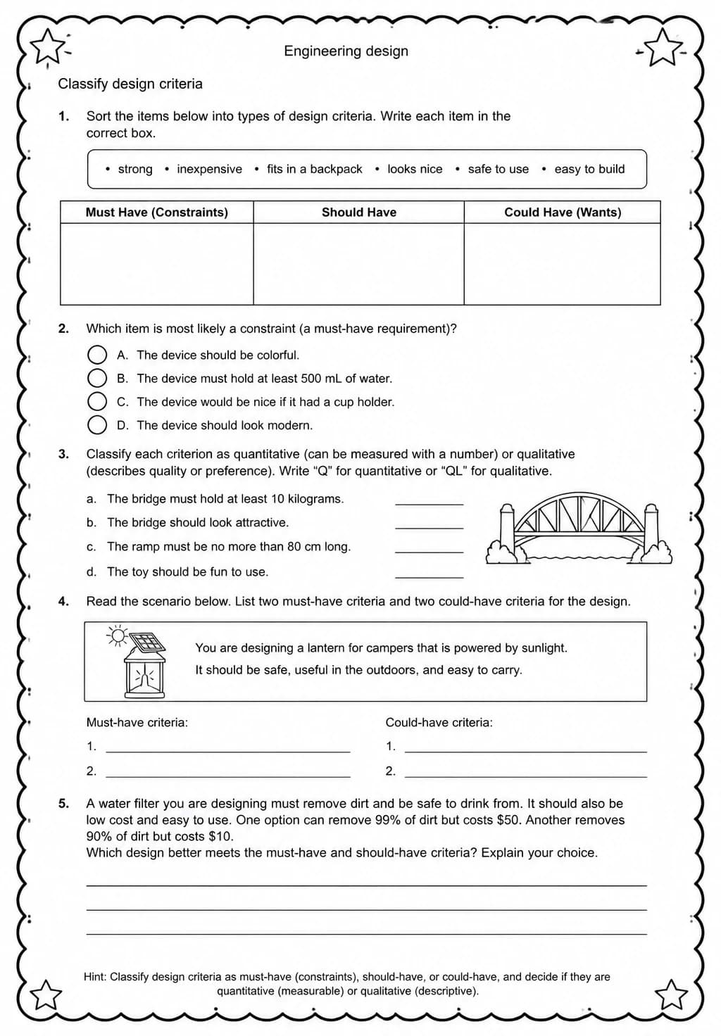 Classify design criteria — free printable Grade 5 Science worksheet