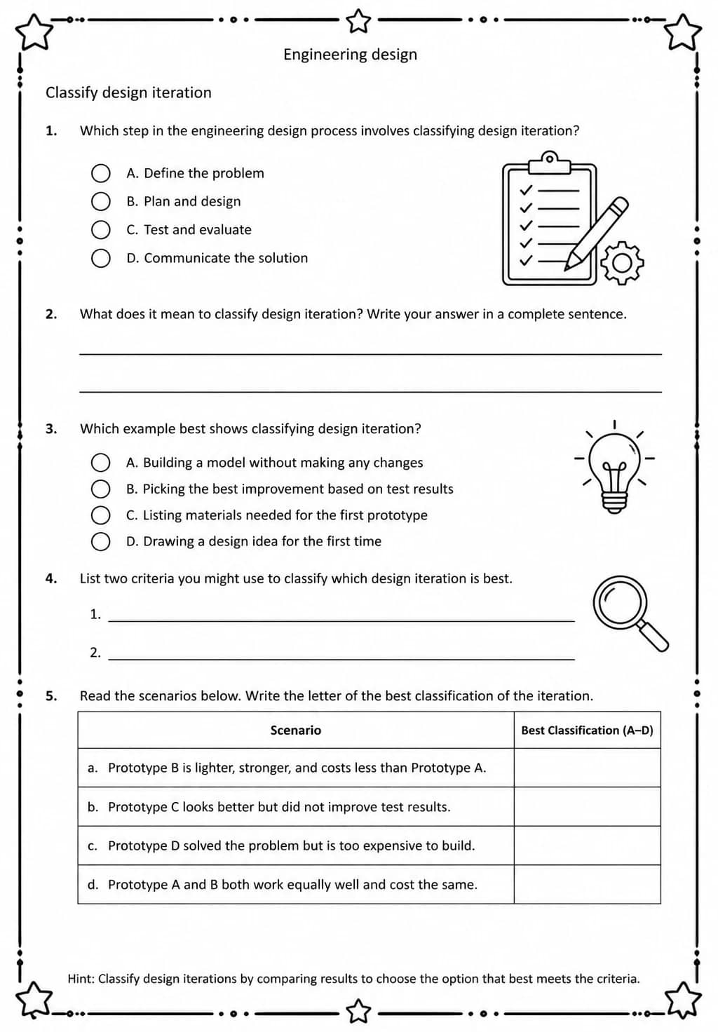 Classify design iteration — free printable Middle School Science worksheet
