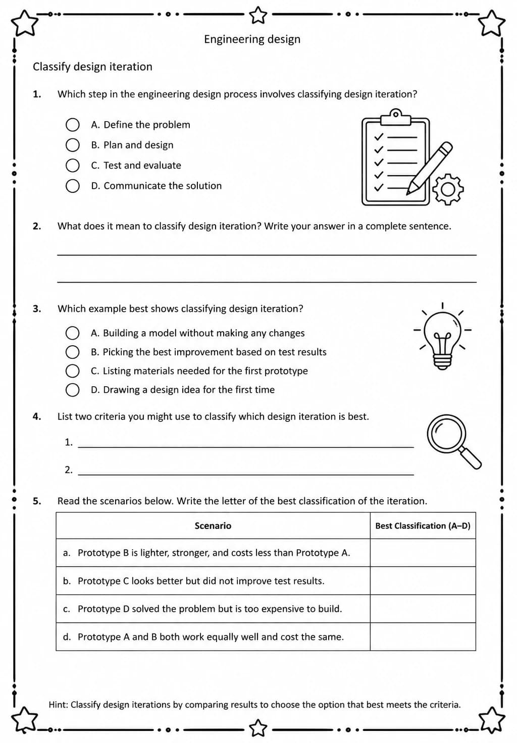 Classify design iteration — free printable Middle School Science worksheet