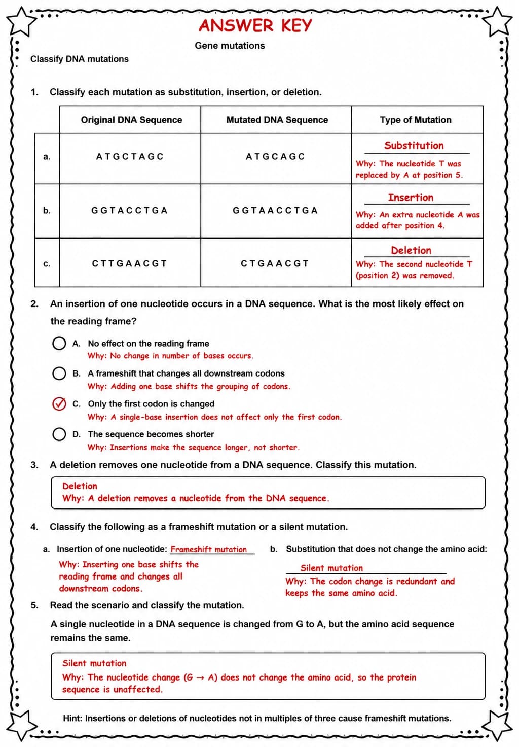 Answer key for Classify DNA mutations — free printable Science worksheet