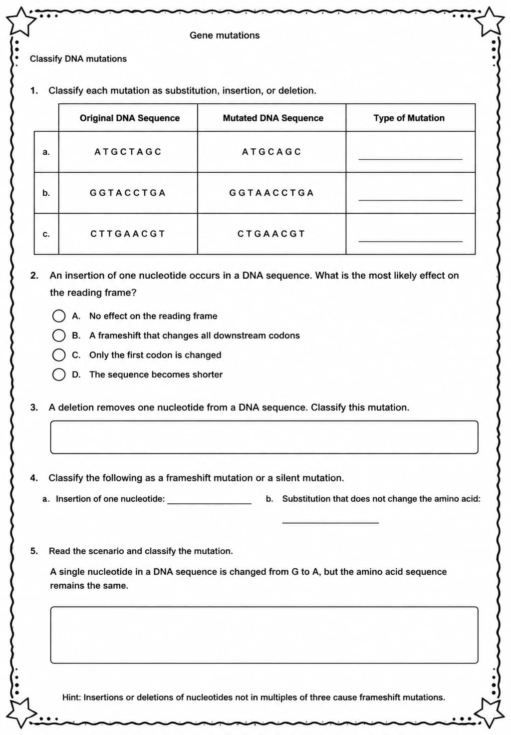 Classify DNA mutations — free printable Middle School Science worksheet