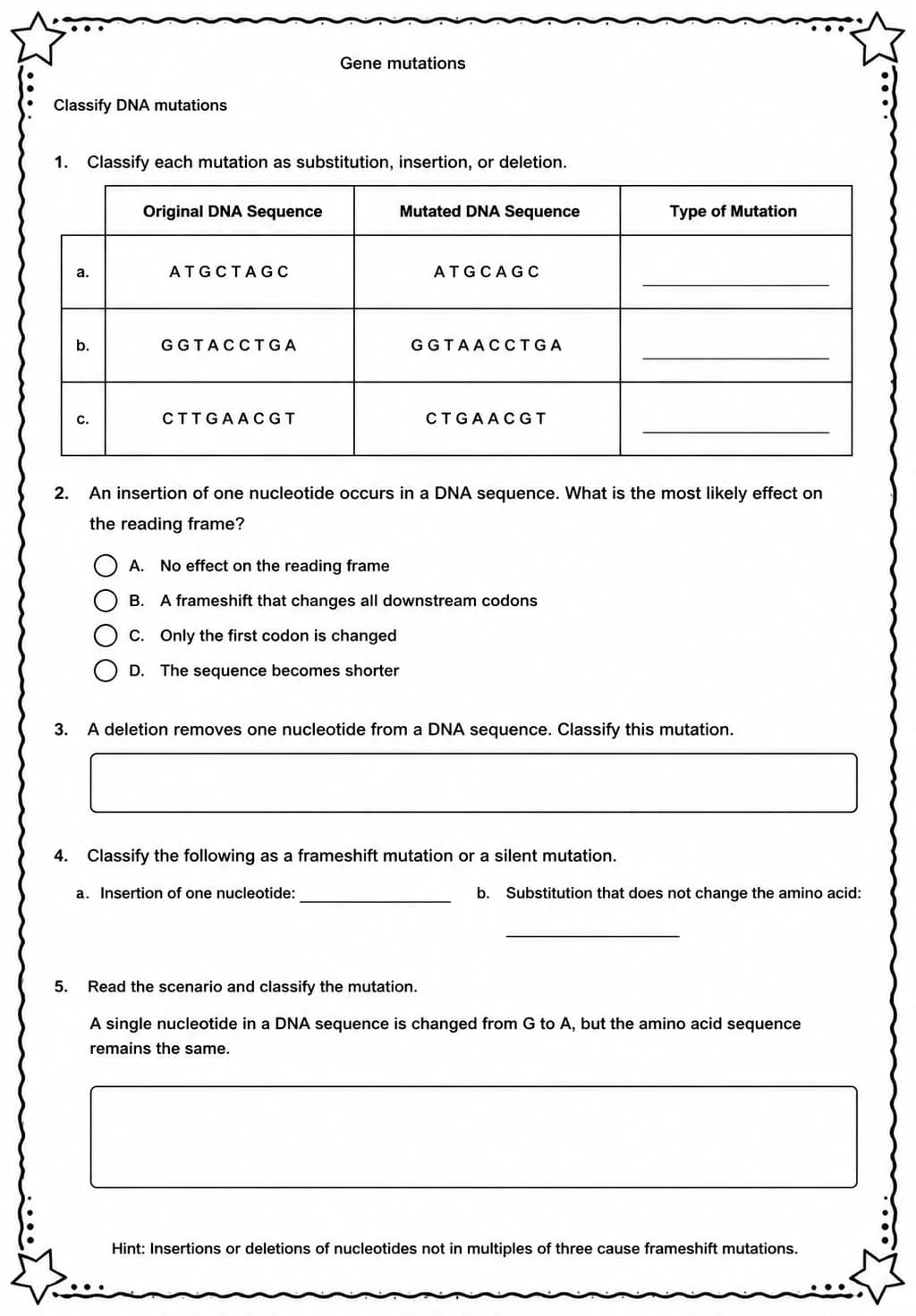 Classify DNA mutations — free printable Middle School Science worksheet