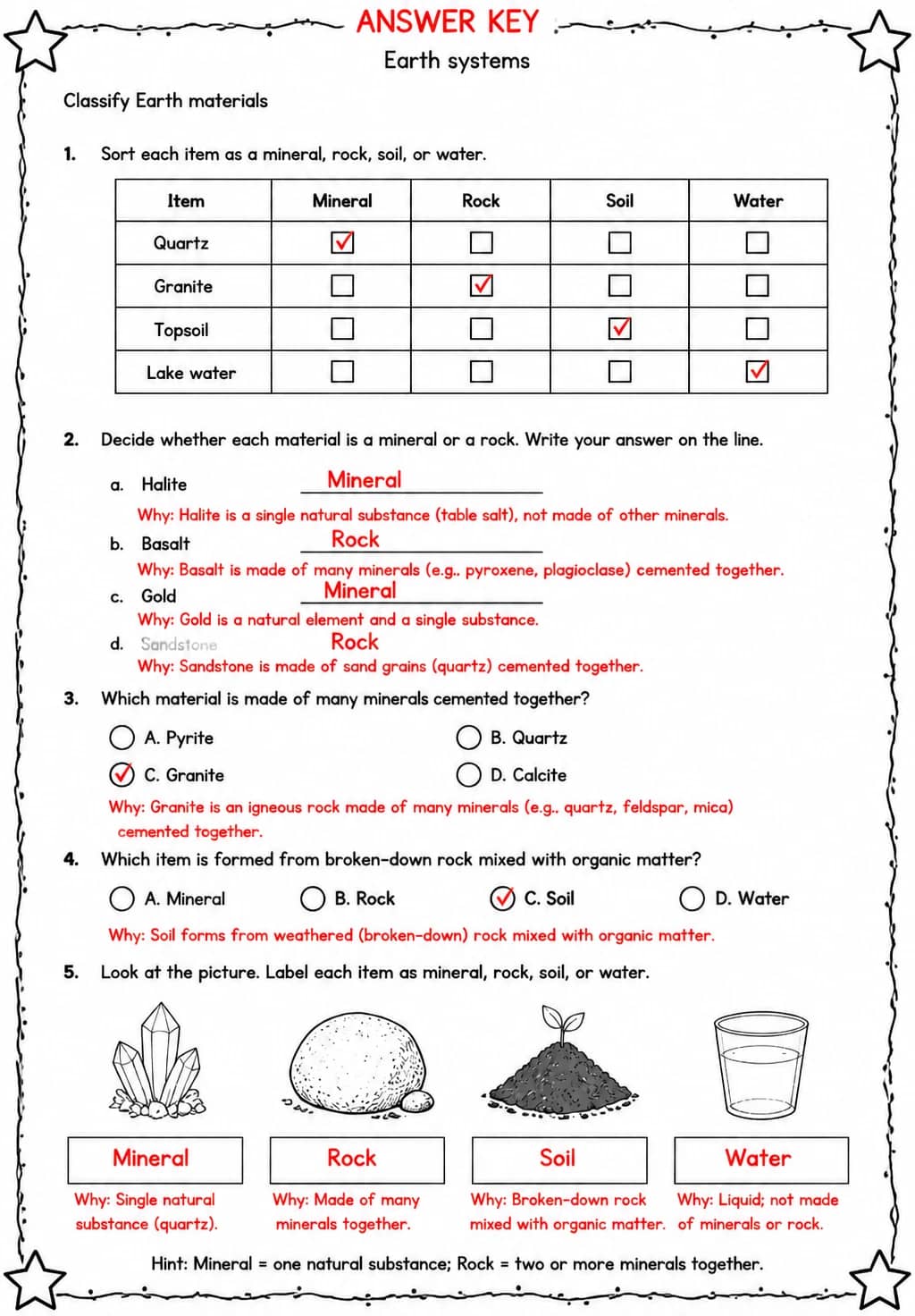 Answer key for Classify Earth materials — free printable Science worksheet