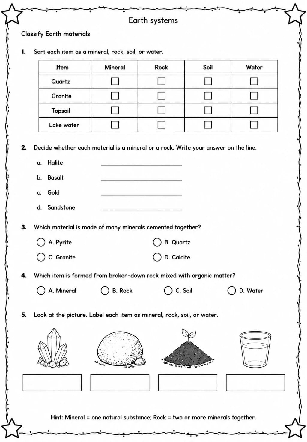 Classify Earth materials — free printable Middle School Science worksheet