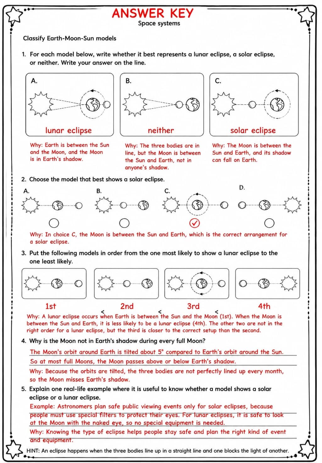 Answer key for Classify Earth-Moon-Sun models — free printable Science worksheet