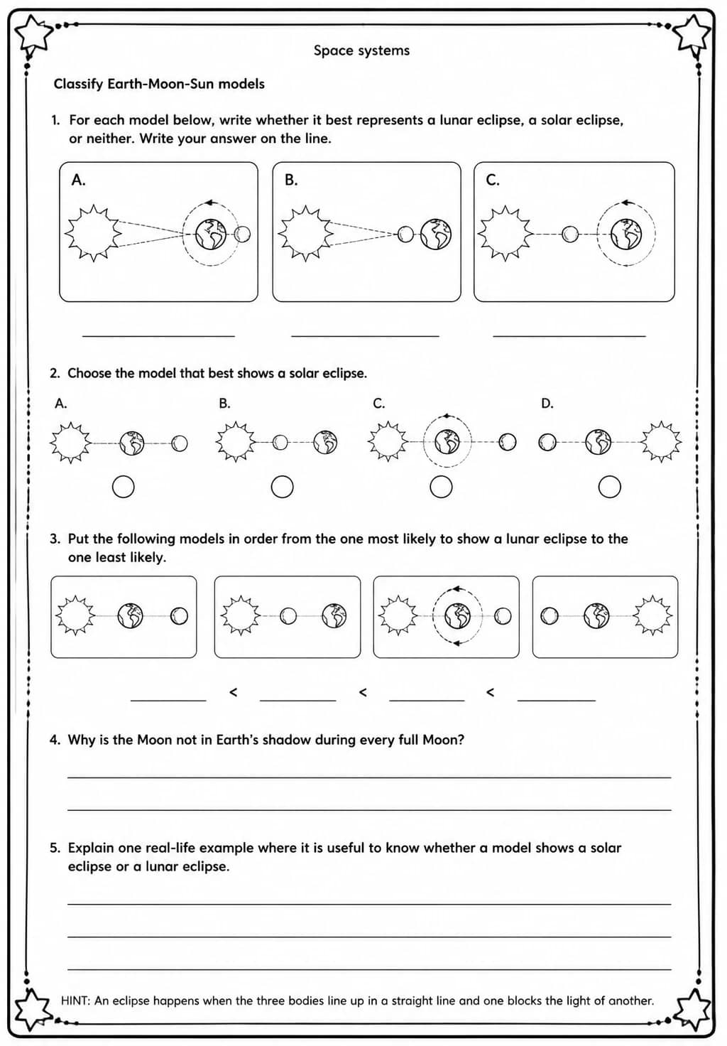 Classify Earth-Moon-Sun models — free printable Middle School Science worksheet