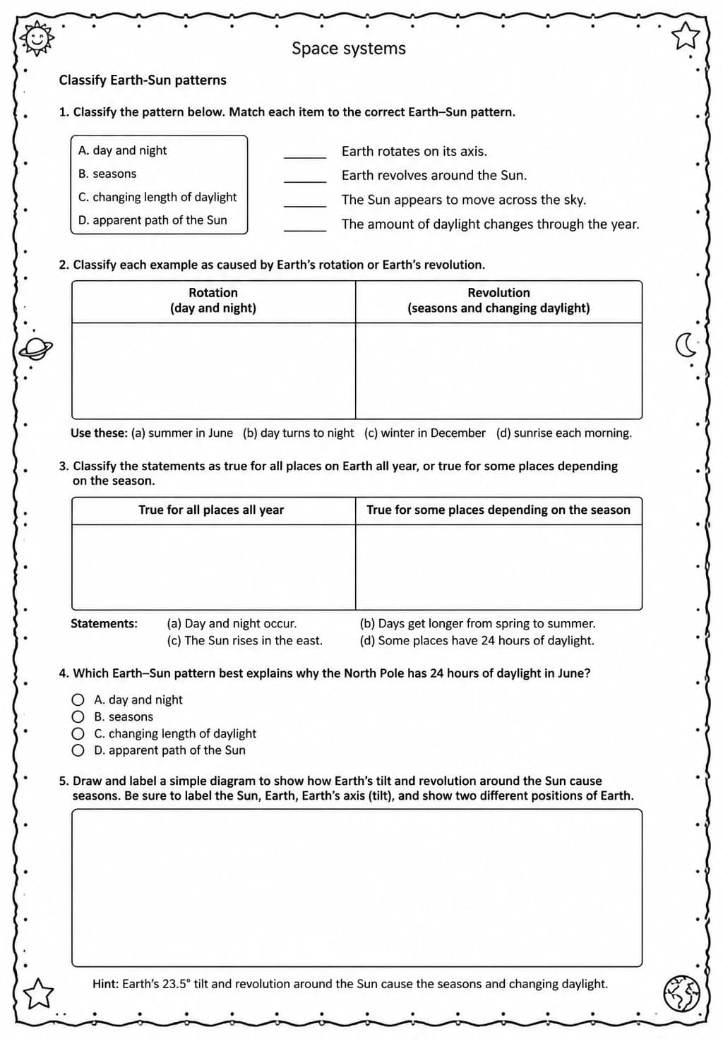 Classify Earth-Sun patterns — free printable Grade 5 Science worksheet