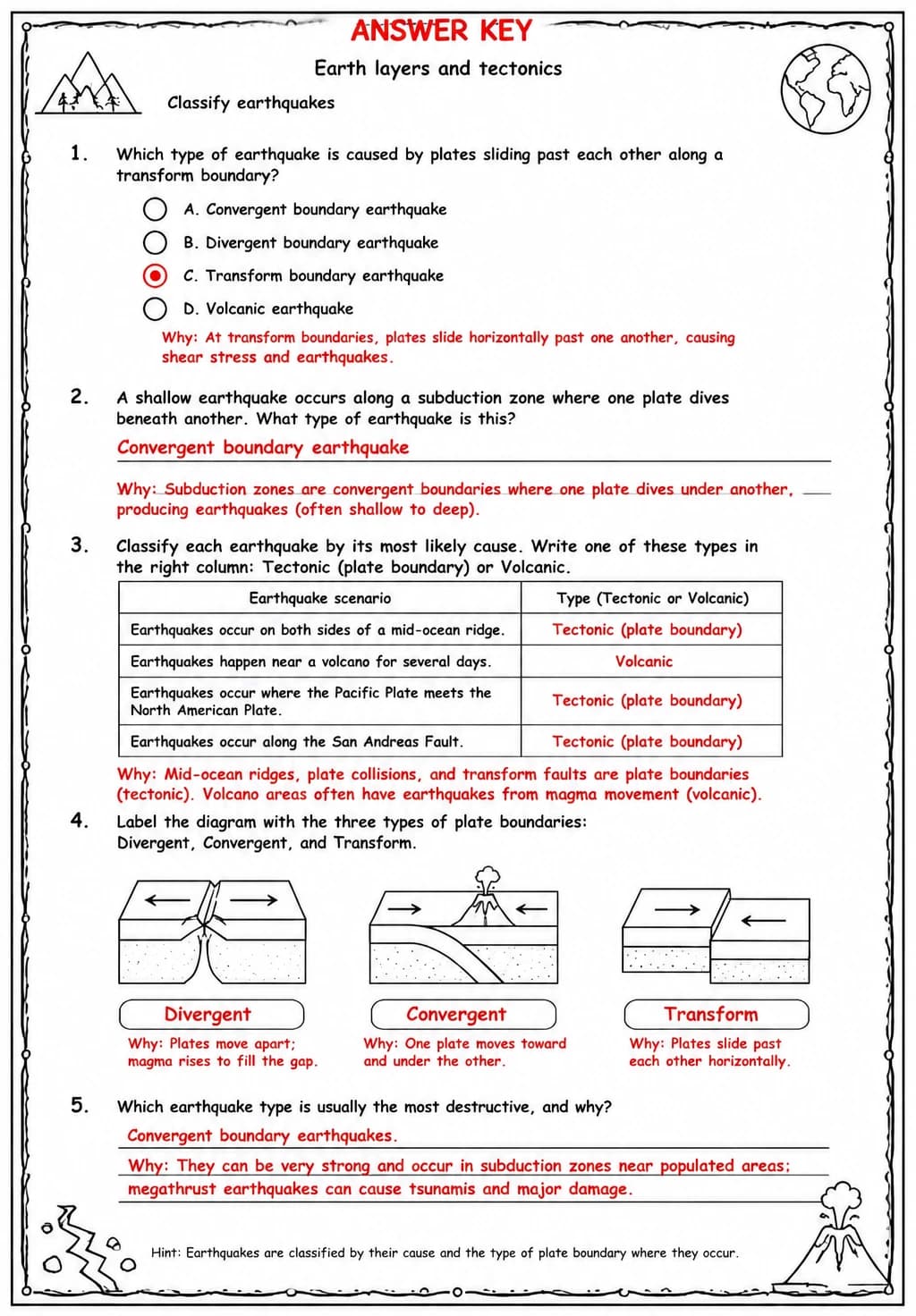 Answer key for Classify earthquakes — free printable Science worksheet