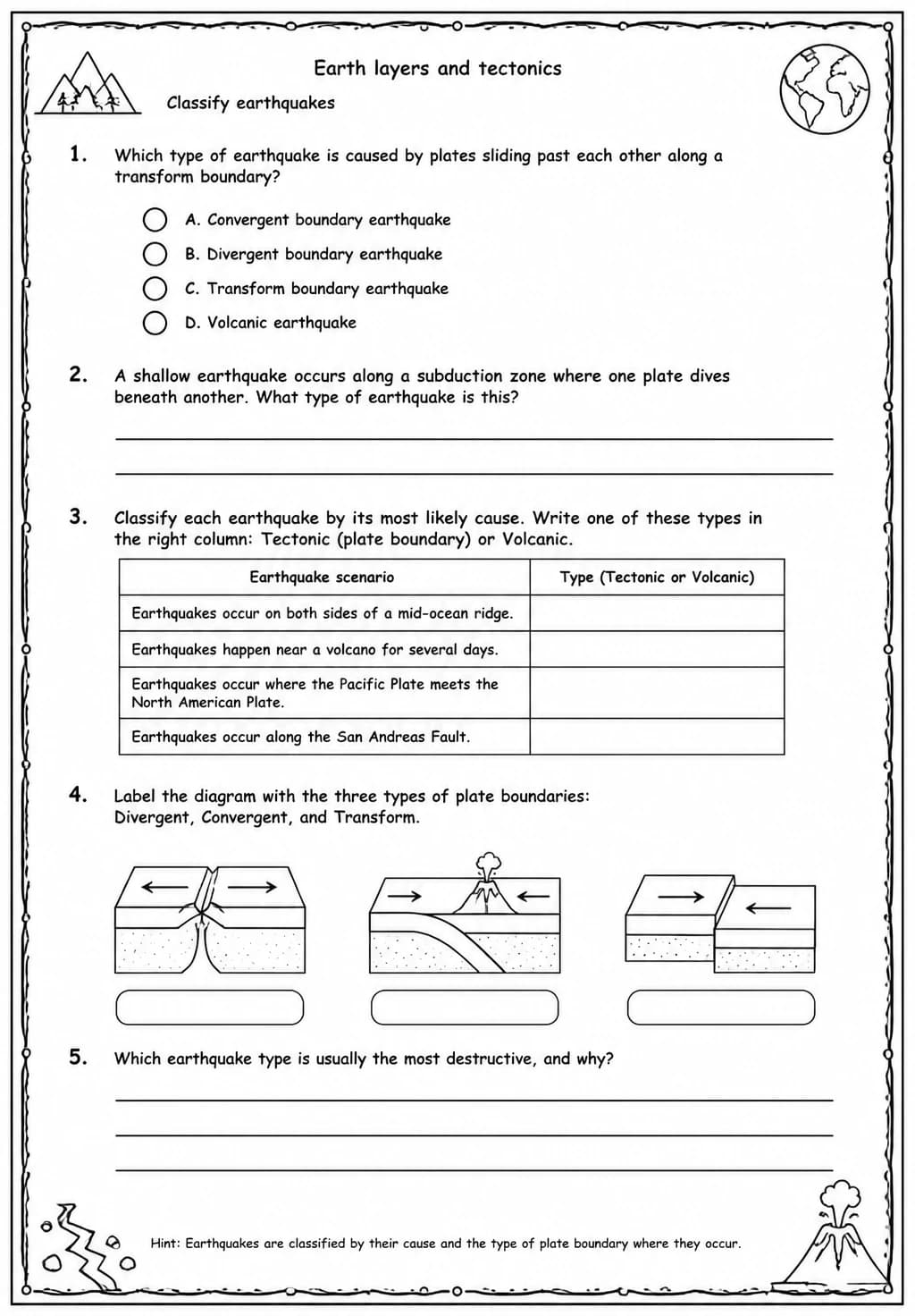 Classify earthquakes — free printable Middle School Science worksheet