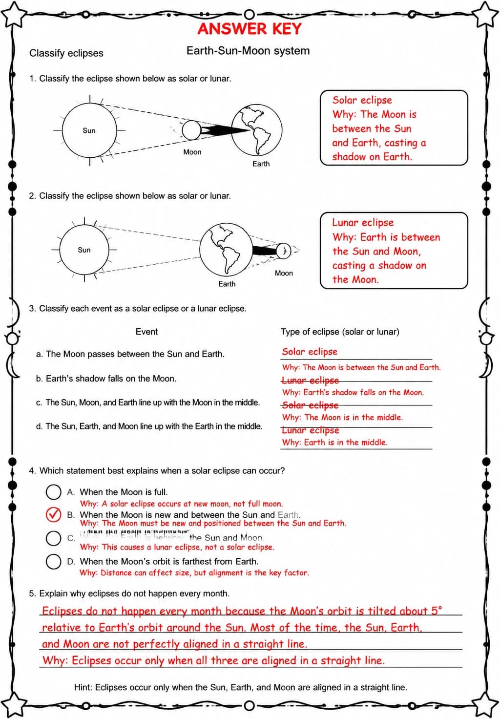Answer key for Classify eclipses — free printable Science worksheet