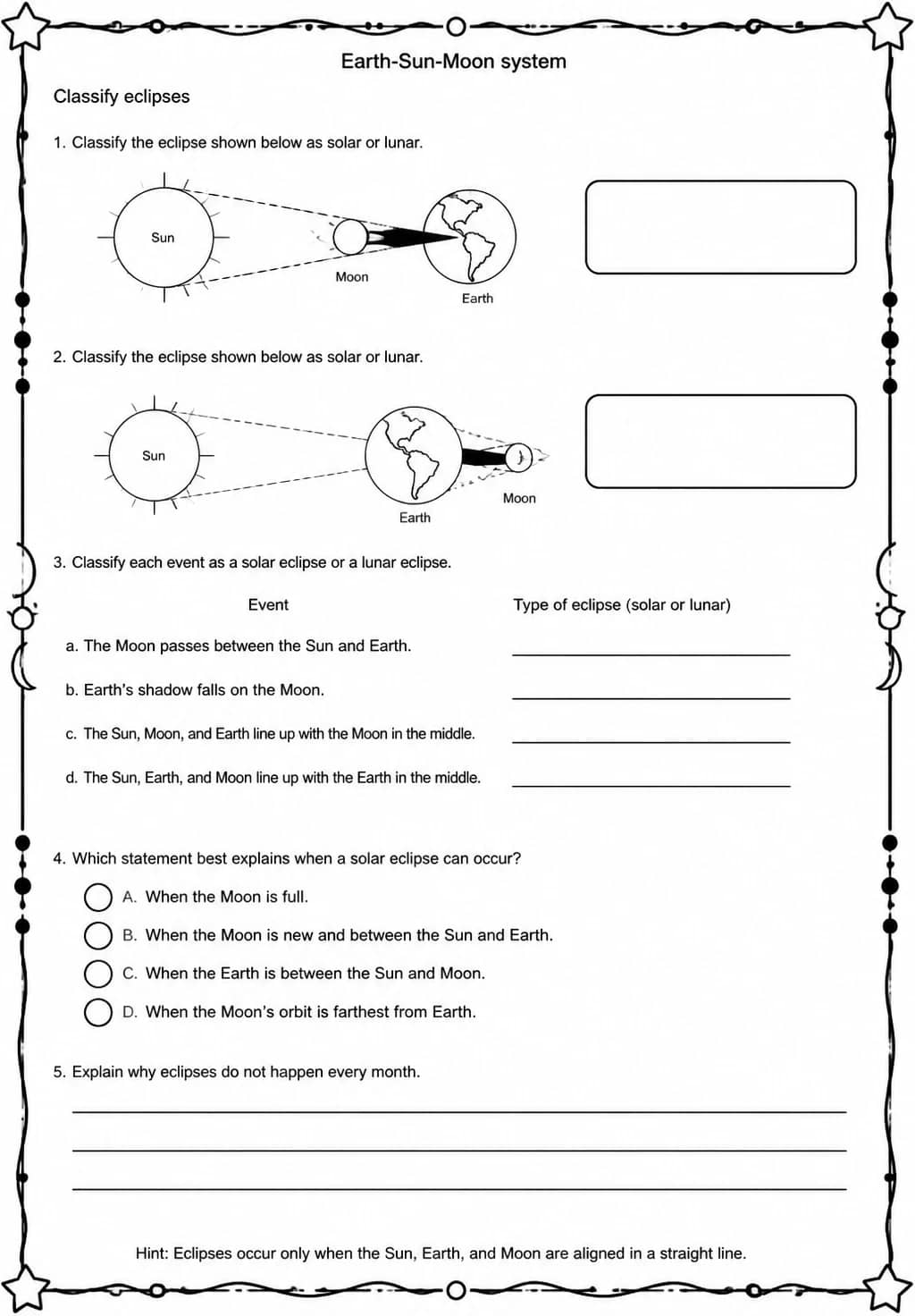 Classify eclipses — free printable Middle School Science worksheet