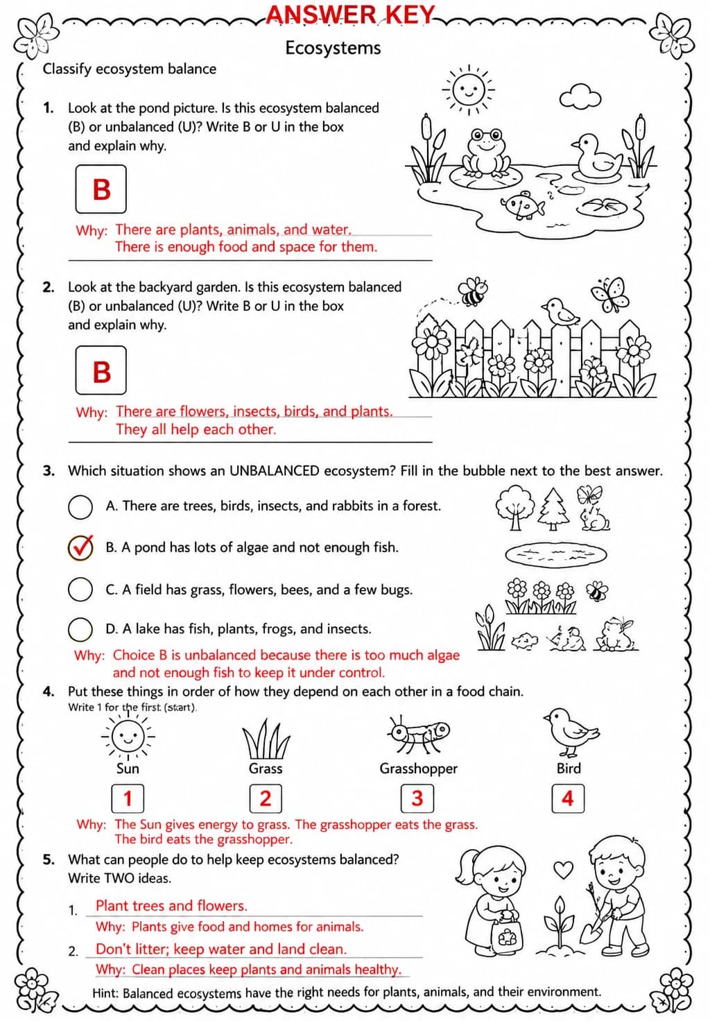 Answer key for Classify ecosystem balance — free printable Science worksheet