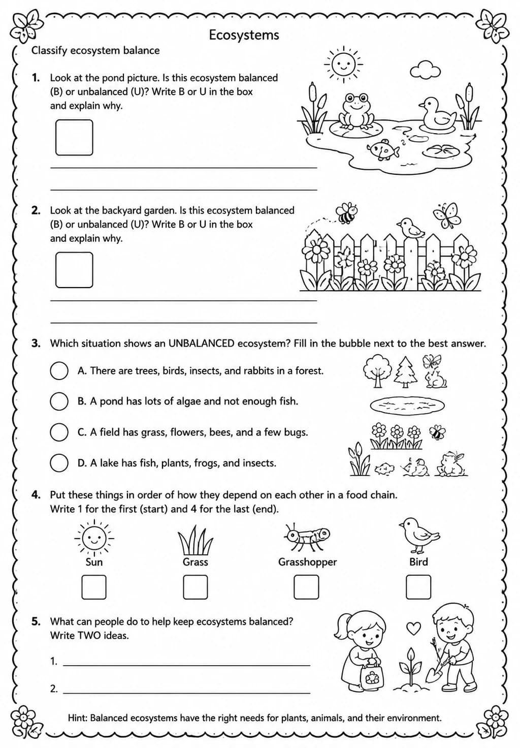 Classify ecosystem balance — free printable Grade 4 Science worksheet