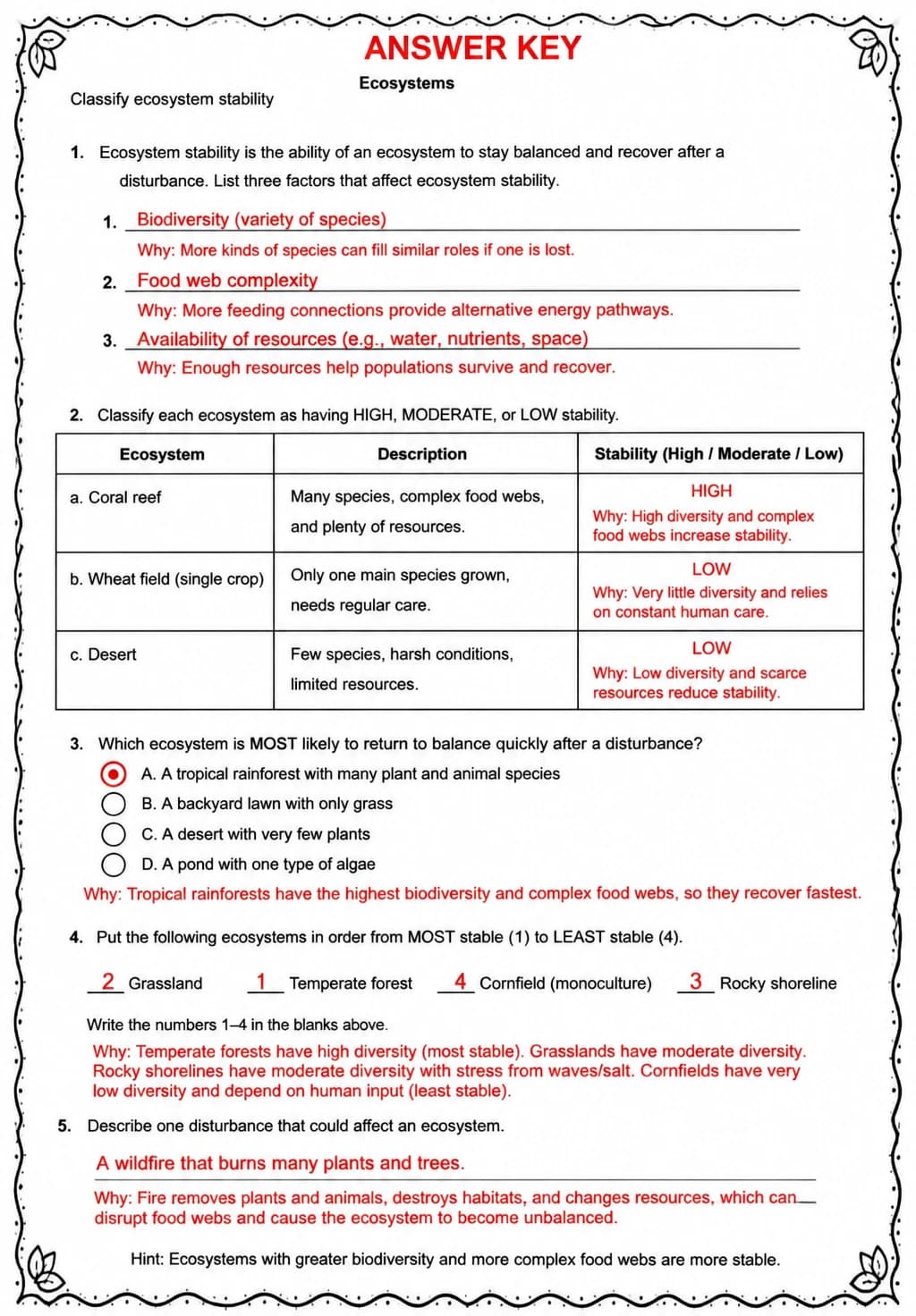 Answer key for Classify ecosystem stability — free printable Science worksheet
