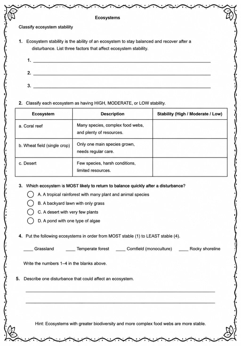 Classify ecosystem stability — free printable Grade 5 Science worksheet