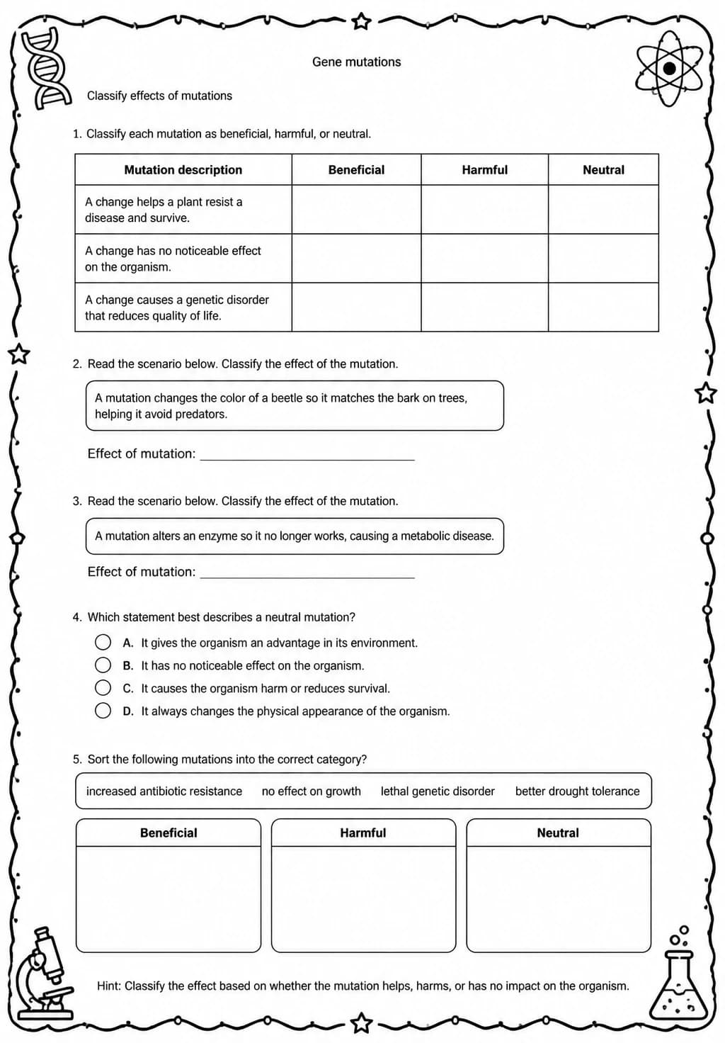 Classify effects of mutations — free printable Middle School Science worksheet