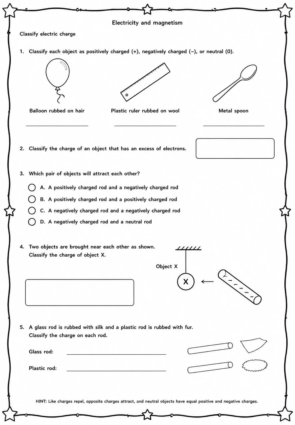 Classify electric charge — free printable High School Science worksheet