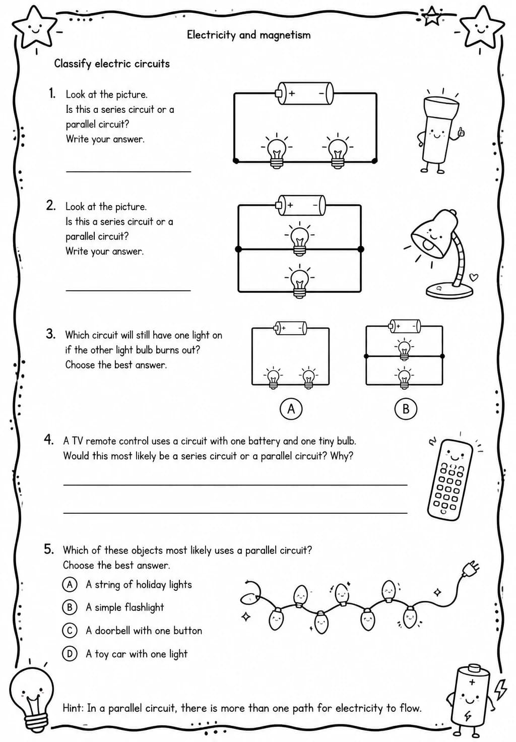 Classify electric circuits — free printable Grade 3 Science worksheet